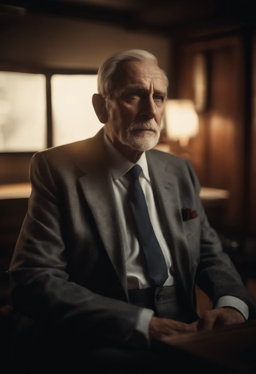 70-year-old man,Wearing a suit,Sitting in front of the PC,high-detail,