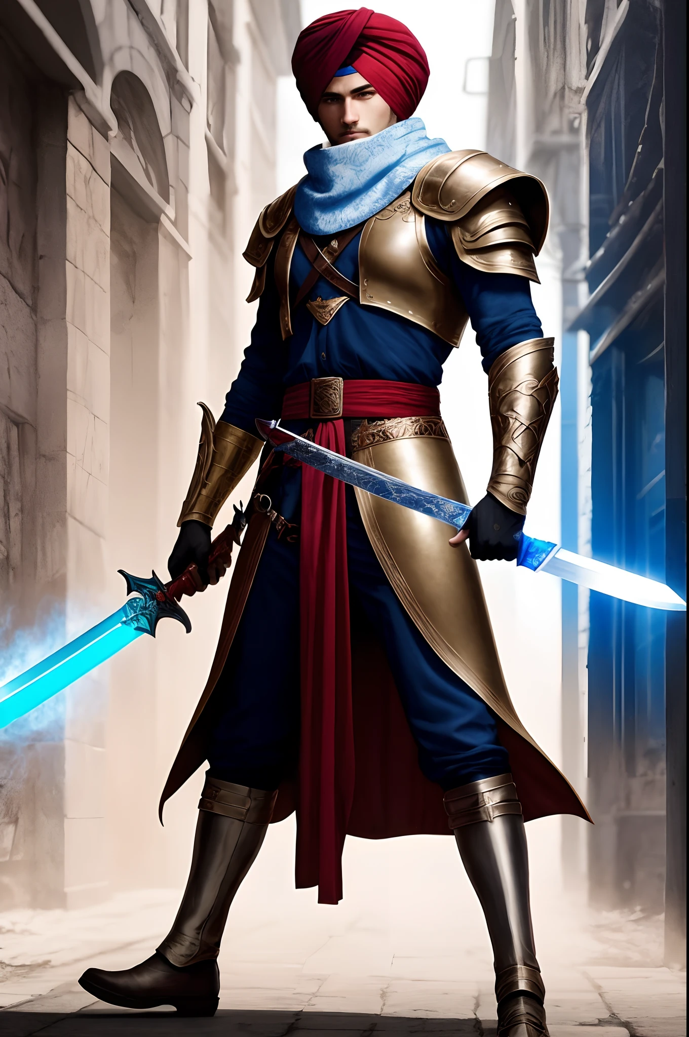 um elfo masculino, bonito, forte, with an Arab turban on his head, armadura vermelha com detalhes em branco, a sword in the right hand with blue blade, imagem no estilo cyberpunk, foto com qualidade 8k. full body picture