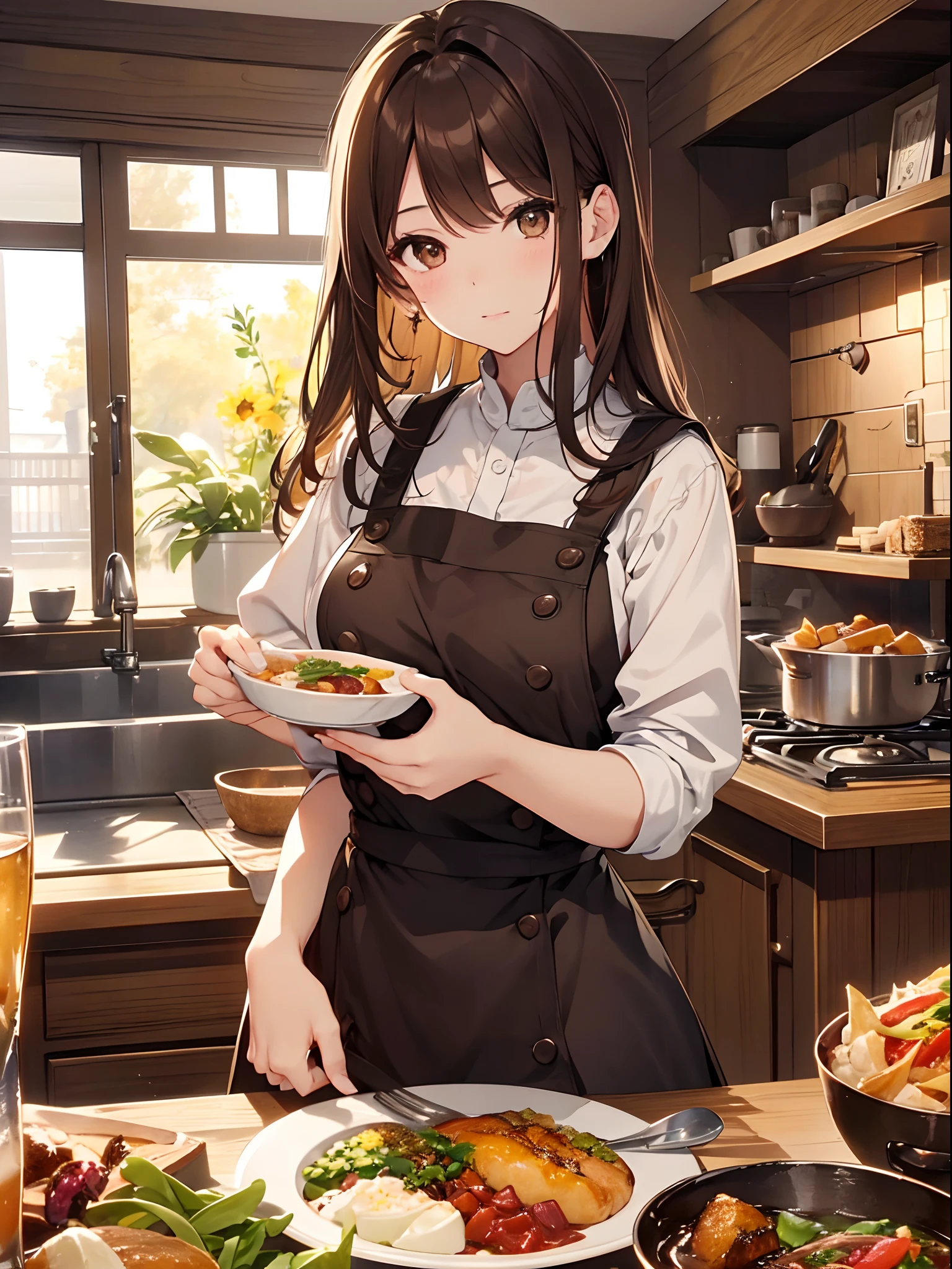 1人の女性、brown haired(Curta)、Brown eyes、 Best Quality、ultra-detailliert、8K resolution、Raw photo、masutepiece、seductive boobs、gorgeous faces、Perfect body、kitchin、In the middle of the meal、pinafore