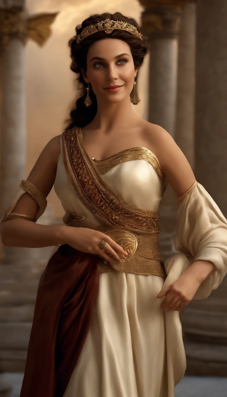(Numerous award-winning masterpieces, with incredible details, Maximum textures and details), (hyper realistic:1.4), (Realstic:1.3), (Haut du corps vers le haut:0.4), (best quality real texture skin), ((Monde de la mythologie grecque)), finely detailed eyes, finely detailed face, visage en face, yeux doux, (Elle a un sourire gentil sur son visage:1.4), Friendly and feminine face, Roman Empress, avec une coiffure Romaine en an 65. brown and curly hair, en chignon. Long dress outfit draped in white. pas de boucle d'oreille et une couronne de laurier, impéatrice. 1) Creating vibrant energy, Coucher de soleil tardif projetant une lueur chaude, a festive atmosphere embracing the Roman era, Meticulous attention to detail capturing the essence of elegance.