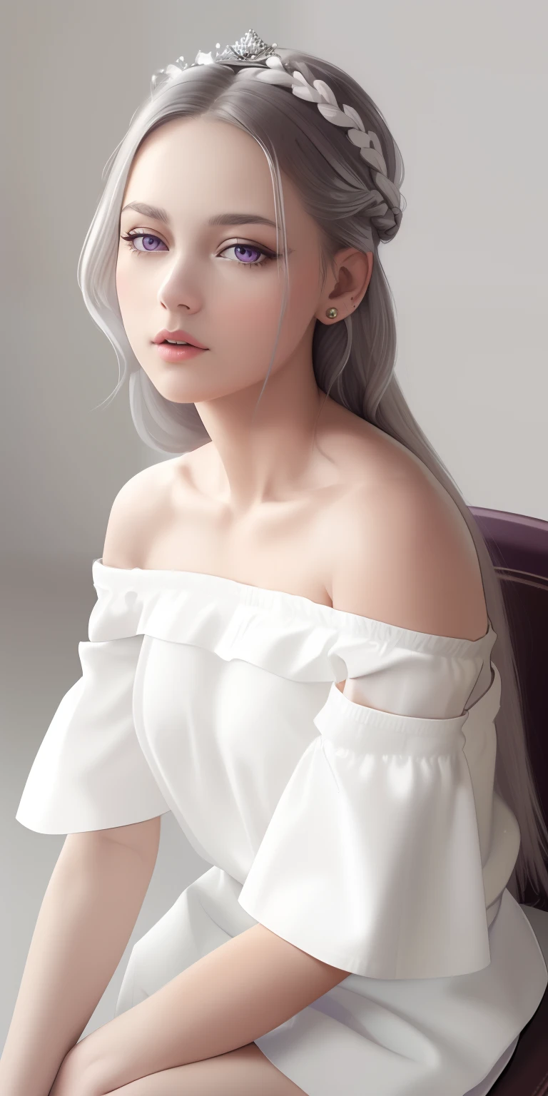 best quality,highly detailed,masterpiece,ultra-detailed,(realistic:1.2), 1girl,(white background),simple background,Delicate eyes,silver hair, purple eyes,hair_ornament,(white off-shoulder shirt:1.3),long hair,pointy_ears,crown_braid,expressionless,Straight hair,(++sitting:1.2), large breasts,