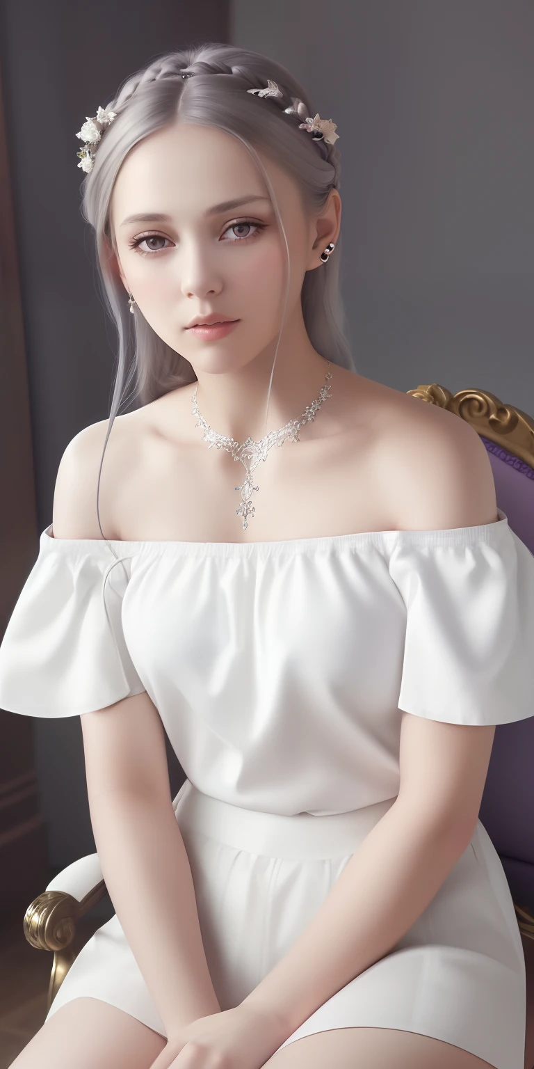 best quality,highly detailed,masterpiece,ultra-detailed,(realistic:1.2), 1girl,(white background),simple background,Delicate eyes,silver hair, purple eyes,hair_ornament,(white off-shoulder shirt:1.3),long hair,pointy_ears,crown_braid,expressionless,Straight hair,(++sitting:1.2), large breasts,