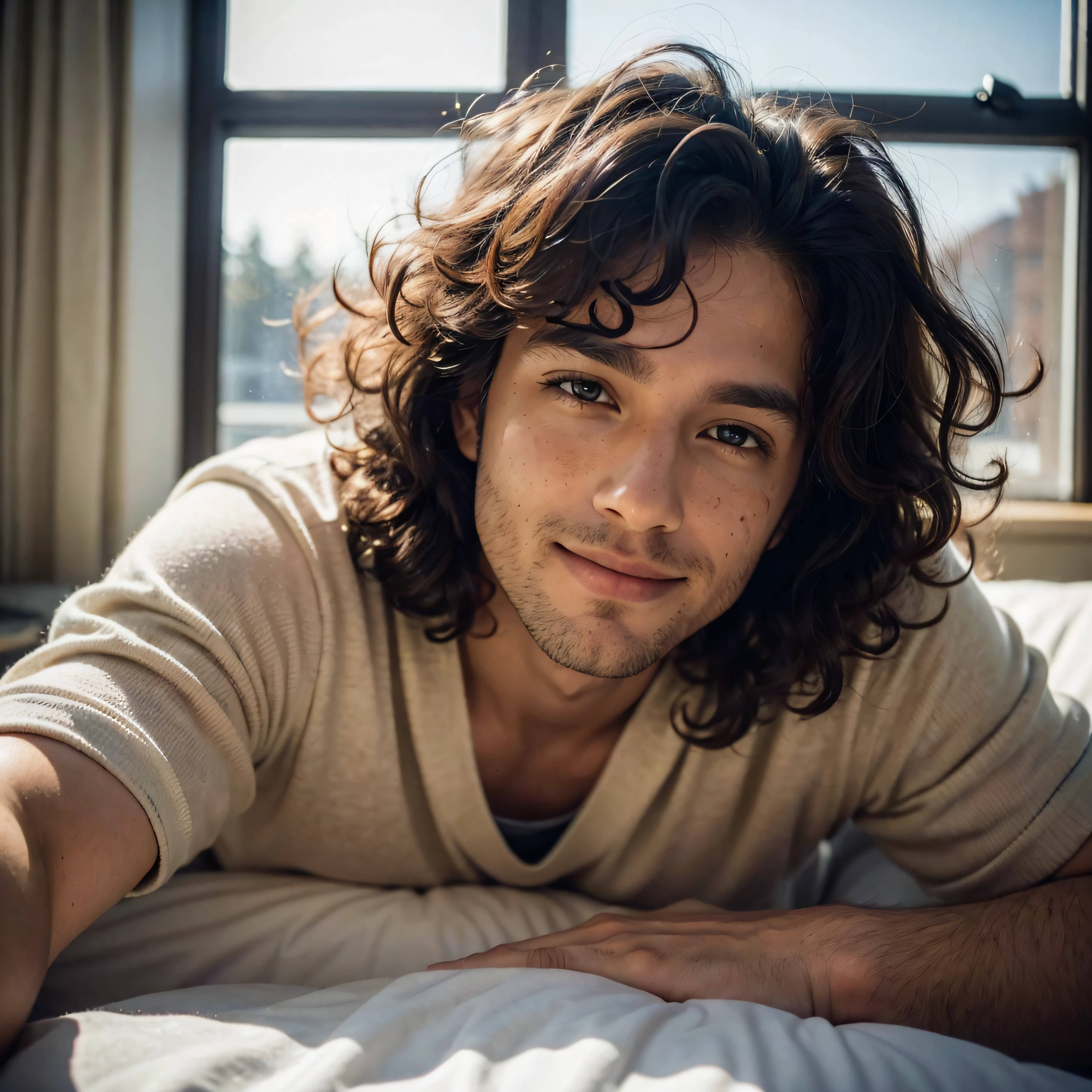 (Closeup selfie), (one man laying in bed), (head resting on a pillow: 1.3) (messy curly hair:1.3), masculine, handsome, defined eyes, freckles, smile, sleepy, early morning, warm sunlight coming through the window, depth of field, blurry background, bright image