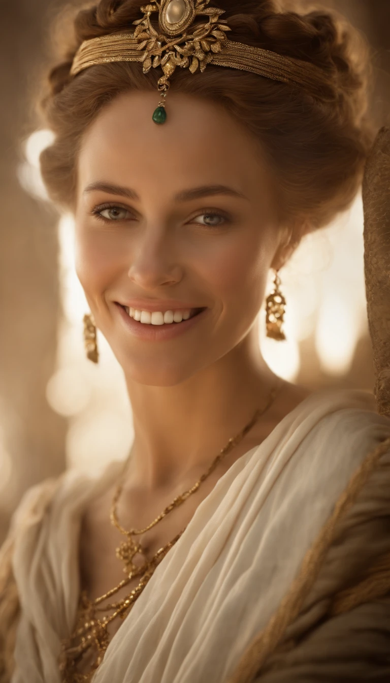 (Numerous award-winning masterpieces, with incredible details, Maximum textures and details), (hyper realistic:1.4), (Realstic:1.3), (Haut du corps vers le haut:0.4), (best quality real texture skin), ((Monde de la mythologie grecque)), finely detailed eyes, finely detailed face, visage en face, yeux doux, (Elle a un sourire gentil sur son visage:1.4), Friendly and feminine face, Roman Empress, avec une coiffure Romaine en an 65. brown and curly hair, en chignon. Long dress outfit draped in white. pas de boucle d'oreille et une couronne de laurier, impéatrice. visage en face. 1) Creating vibrant energy, Coucher de soleil tardif projetant une lueur chaude, a festive atmosphere embracing the Roman era, Meticulous attention to detail capturing the essence of elegance.