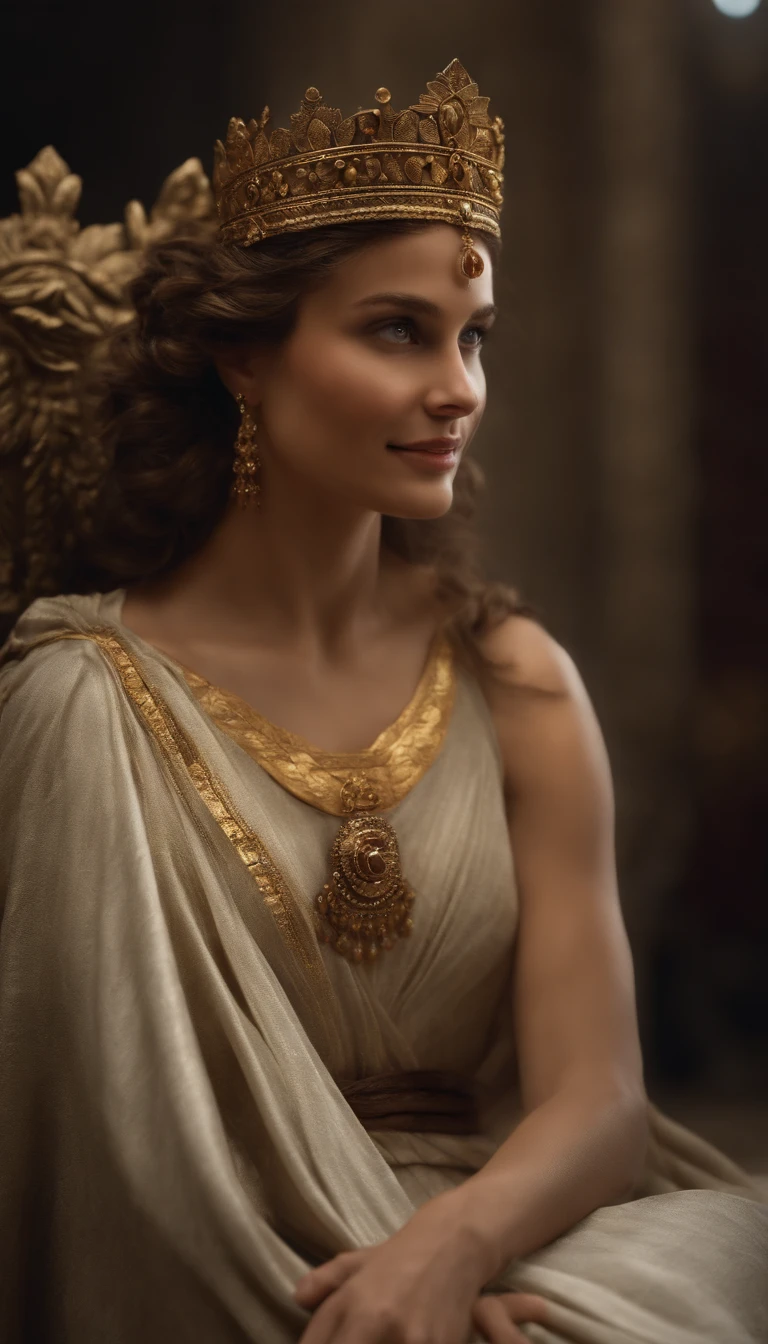 (Numerous award-winning masterpieces, with incredible details, Maximum textures and details), (hyper realistic:1.4), (Realstic:1.3), (Haut du corps vers le haut:0.4), (best quality real texture skin), ((Monde de la mythologie grecque)), finely detailed eyes, finely detailed face, visage en face, yeux doux, (Elle a un sourire gentil sur son visage:1.4), Friendly and feminine face, Roman Empress, avec une coiffure Romaine en an 65. brown and curly hair, en chignon. Long dress outfit draped in white. pas de boucle d'oreille et une couronne de laurier, impéatrice. visage en face. 1) Creating vibrant energy, Coucher de soleil tardif projetant une lueur chaude, a festive atmosphere embracing the Roman era, Meticulous attention to detail capturing the essence of elegance.