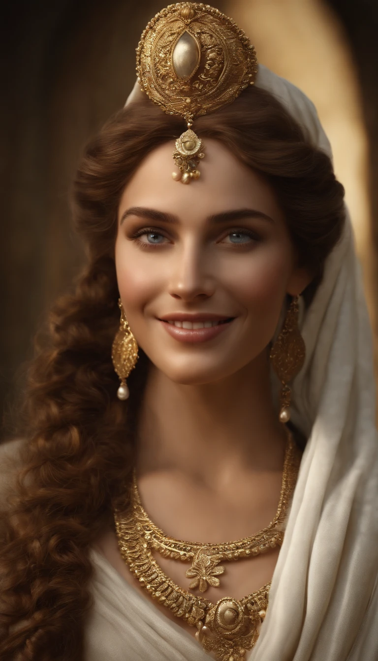 (Numerous award-winning masterpieces, with incredible details, Maximum textures and details), (hyper realistic:1.4), (Realstic:1.3), (Haut du corps vers le haut:0.4), (best quality real texture skin), ((Monde de la mythologie grecque)), finely detailed eyes, finely detailed face, visage en face, yeux doux, (Elle a un sourire gentil sur son visage:1.4), Friendly and feminine face, Roman Empress, avec une coiffure Romaine en an 65. brown and curly hair, en chignon. Long dress outfit draped in white. pas de boucle d'oreille et une couronne de laurier, impéatrice. visage en face. 1) Creating vibrant energy, Coucher de soleil tardif projetant une lueur chaude, a festive atmosphere embracing the Roman era, Meticulous attention to detail capturing the essence of elegance.