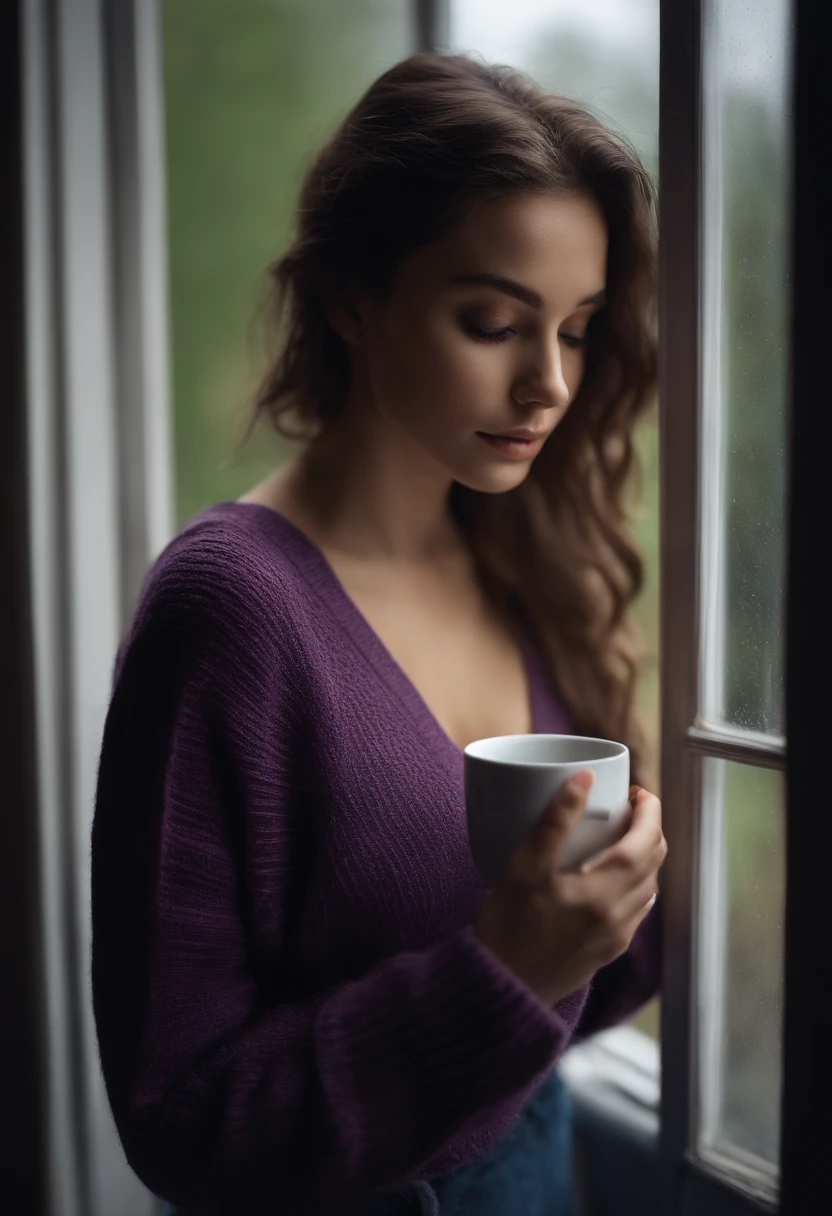 Femme arafed en pull douillet, aux yeux bleus, Portrait Sophie Mudd, loose brown hair, Photo of a young woman looking out the window at the rain, Yeux de chambre, Violet Myers, sans maquillage, Plug with a phone, Subdued atmosphere, Steaming cup of tea next door.