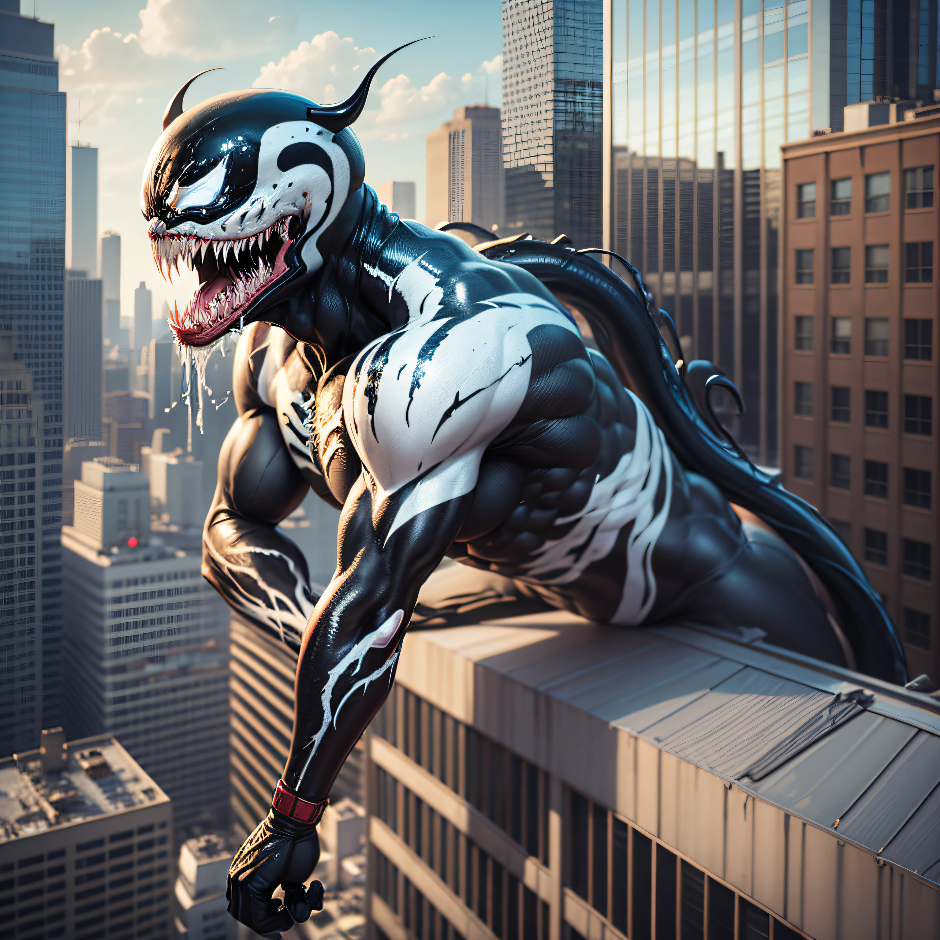 (perfect mix between venom and godzilla:1.9), with venom's black tentacles protruding from his entire body, destroying city, blood, epic, cataclysmic, gargantuan, absurdres, best quality, realistic style