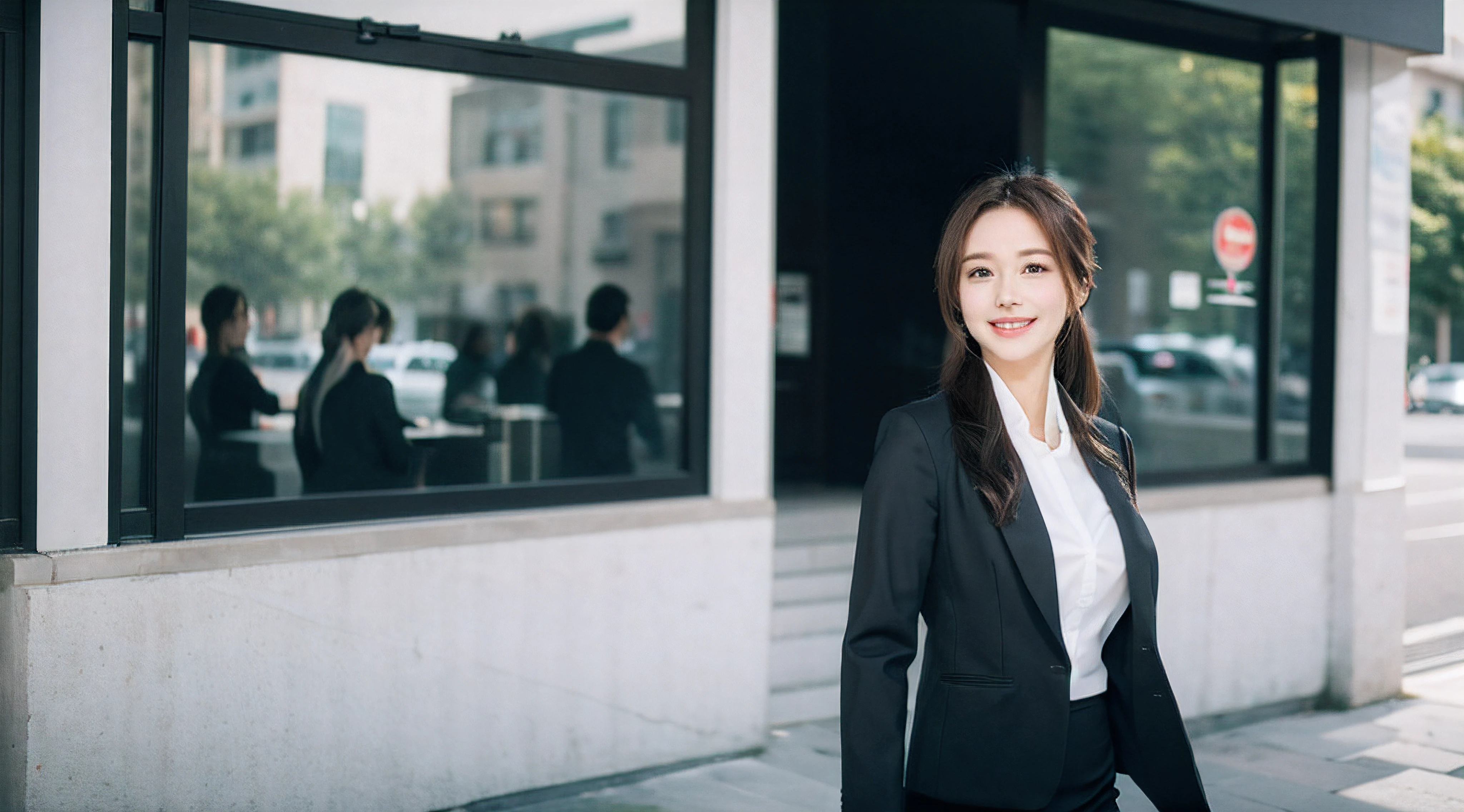 Wagas、Shooting from the side、Walking、Beautiful woman、business sui、Black jacket、White button shirt、tight skirts、a picture、A detailed face、Detailed lips、A detailed eye、a smile