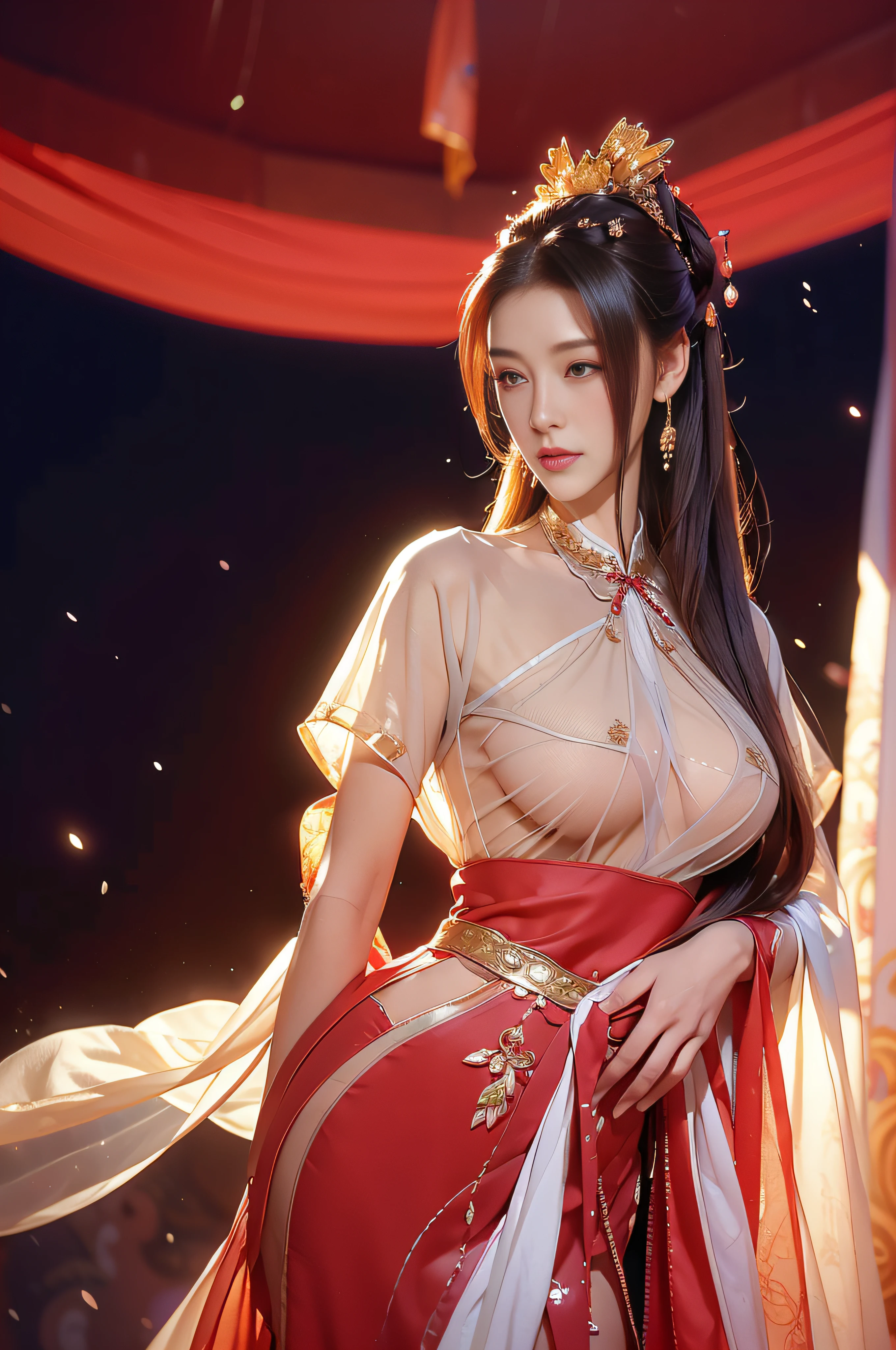 Gilded Chinese Palace,looki at viewer,depth of fields,bokeh dof,light falling,((A MILF))、pregnant woman、Red dress transparent underwear、one-girl、Red shirt、a black skirt、huge-breasted、 with brown eye、(long whitr hair、brunette color hair、Very straight hair:1.4、hime-cut:1.4)、Earrings necklace、pouty、 A picture、tmasterpiece、top-quality、NFFSW、A high resolution、realistic detail、glistning skin、Mature figure、perfect women figure、Rounded chest、perfect bodies、Big breasts Thin waist、Extremely colorful、looking at viewert、hyper realisitc、From the front side、watercolor paiting、Traditional media、(color difference、intricately details)、dynamicposes、dynamic ungle、 40k、NFFSW、超A high resolution、From the angle from below、ancient Chinese costume、Ancient Chinese hairstyle、Upward hairstyle、The whole body is dressed in white silk cloth、(Close-up of raindrops in the air, Capture the world with raindrops, Distorted reflections, refracted light, The microscopic world inside each droplet, Miniature landscape, inverted image, Ethereal beauty, pause moments, translucent sphere, Distorted reality, Kaleidoscope view, Natural lenses, A glimpse of the moment, Miniature world, Raindrop Symphony, Natural interoperability, 1girl in , masutepiece, (Dynamic Angle:1.2))