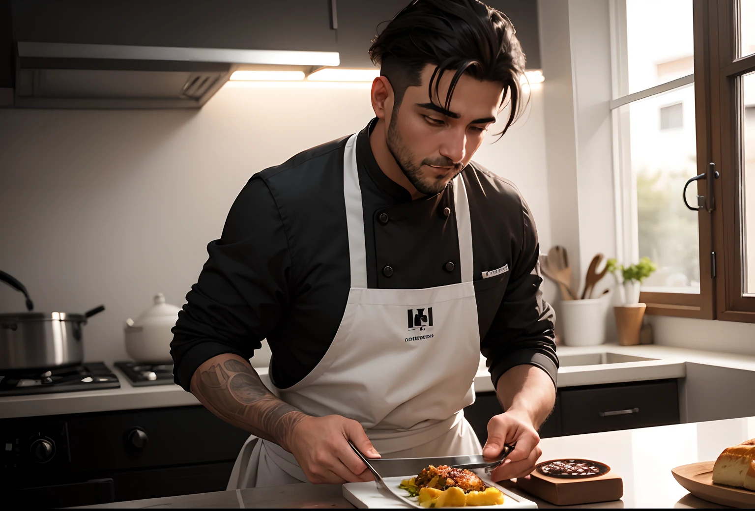 Hombre fornido Chef de cocina con chaqueta negra en primer plano y cocina con altos fuegos de fondo. Nikon d3200 Apertura f2.5