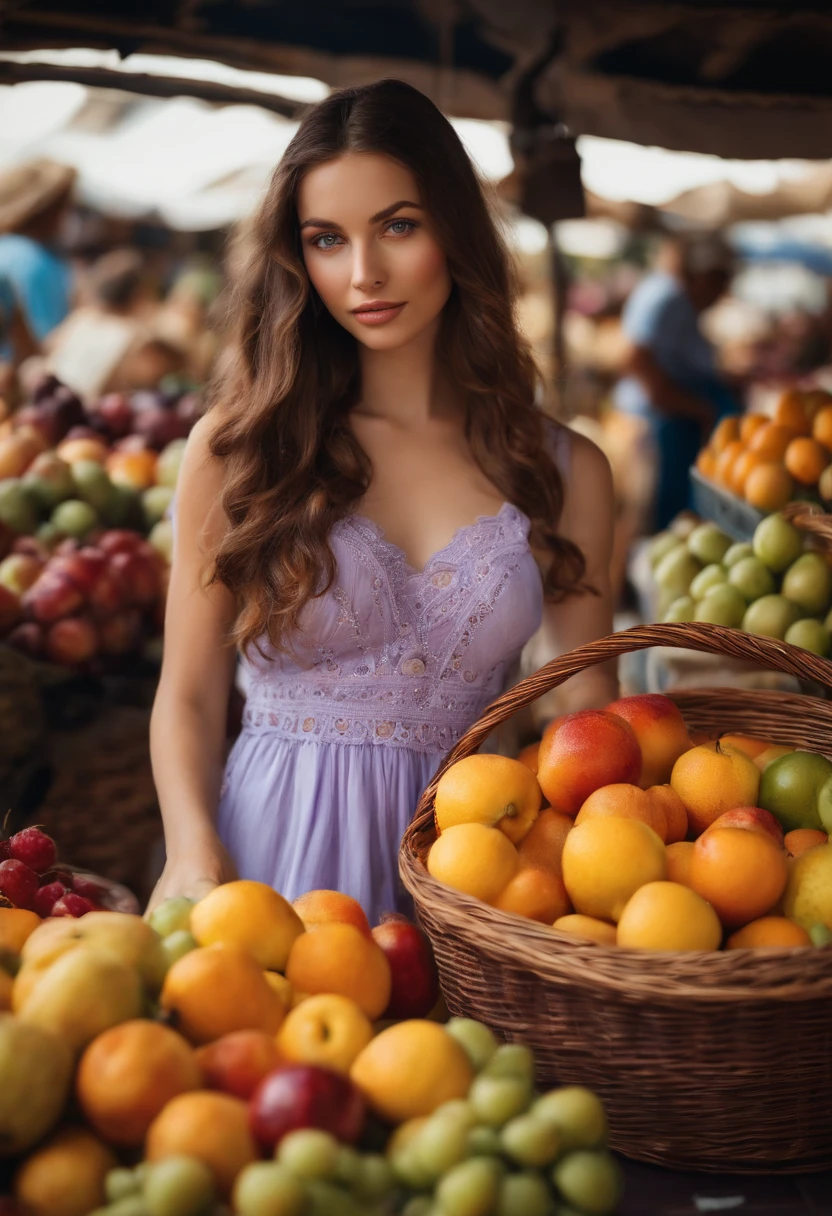 Arafed woman in light summer dress, aux yeux bleus, Portrait Sophie Mudd, wavy brown hair, Photo of a young woman choosing fruit at the market, Yeux de chambre, Violet Myers, light makeup, Plug with a phone, Lively local market, Basket by hand.