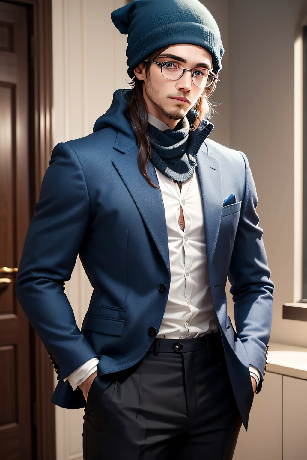 Fuvion Thornfield, a 27-year-old dedicated academic, fica em um lean 1.75m. His piercing blue eyes exude a keen intellect, complementando seu cabelo cinza elegante. Fuvion opta por figurinos simples: a pair of pants and a button-down shirt, equilibrando tons neutros com toques sutis de azul profundo, tudo em linha com o estilo distinto. This modern aesthetic, inspired by the early 2000s, adds a unique touch to your academic persona. Discreet accessories such as a minimalist brooch and a silver ring engraved with enigmatic symbols complete your set. Um par de elegantes, Glasses with wire frame. He has his hands in his pockets and a beanie, olhando fixamente para o horizonte a sua frente. A imagem aparece todo o seu corpo
