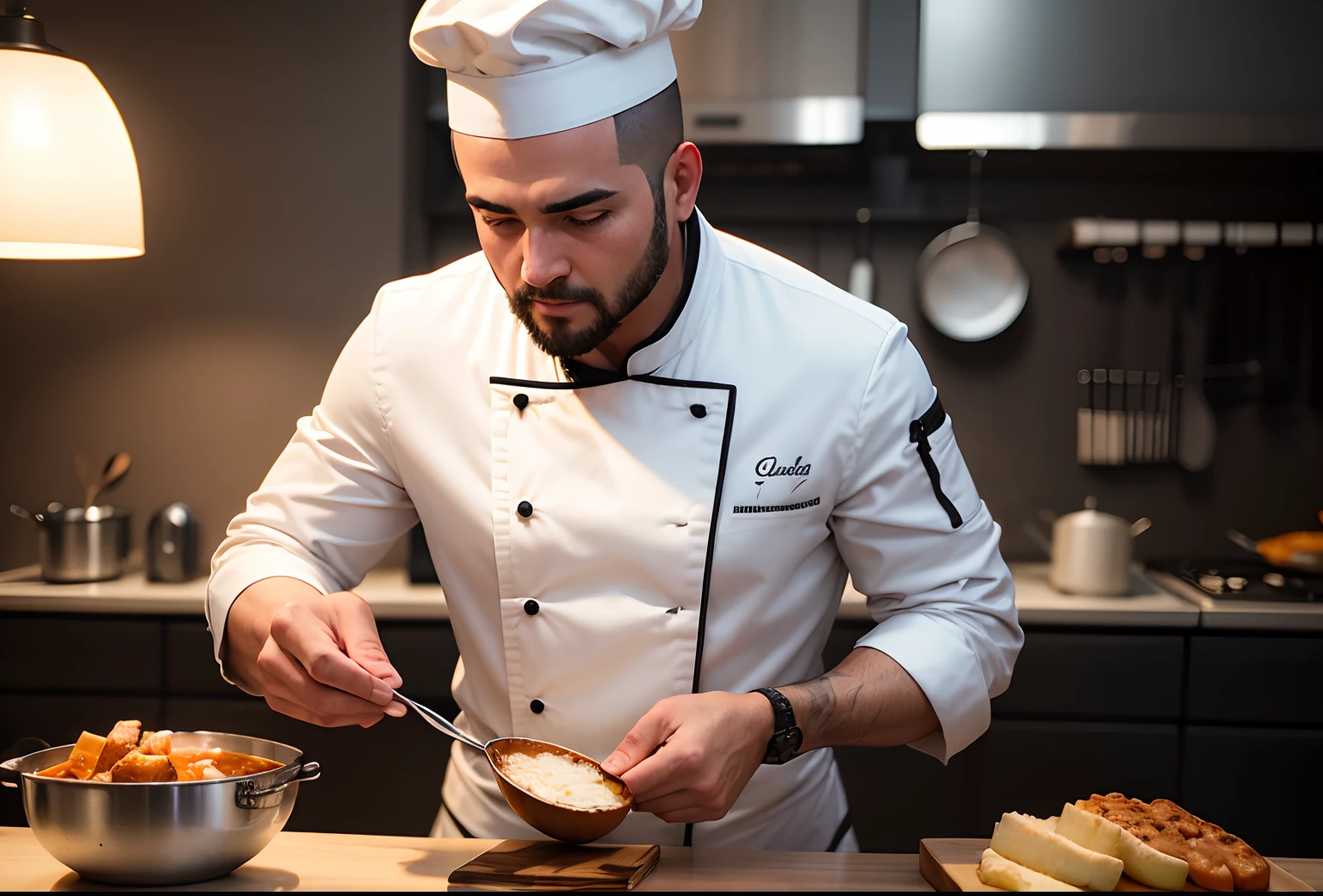 Hombre fornido Chef de cocina con chaqueta negra en primer plano y cocina con altos fuegos de fondo. Nikon d3200 Apertura f2.5