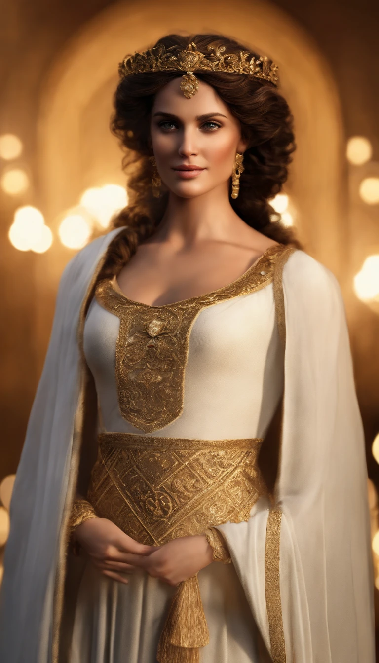 Numerous award-winning masterpieces, with incredible details, Maximum textures and details), (hyper realistic:1.4), (Realstic:1.3), (Haut du corps vers le haut:0.4), (best quality real texture skin), ((Monde de la mythologie grecque)), finely detailed eyes, finely detailed face, visage en face, yeux doux, (Elle a un sourire gentil sur son visage:1.4), Friendly and feminine face, Roman Empress, avec une coiffure Romaine en an 65. brown and curly hair, en chignon. Long dress outfit draped in white. pas de boucle d'oreille et une couronne de laurier, impéatrice. visage en face. 1) Creating vibrant energy, Coucher de soleil tardif projetant une lueur chaude, a festive atmosphere embracing the Roman era, Meticulous attention to detail capturing the essence of elegance. viasage en face.