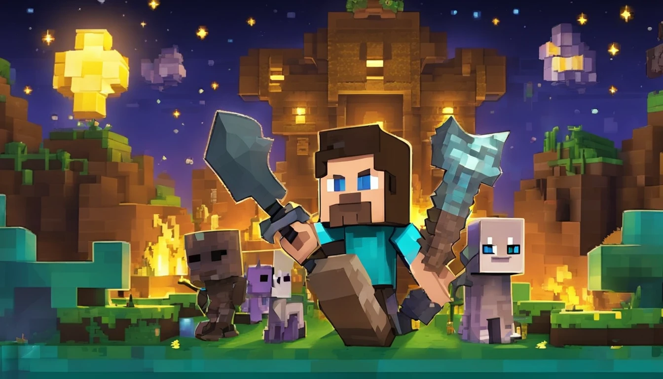 Steve, - Minecraft's intrepid adventurer, enfrenta uma caveira sinistra no pico de uma montanha. He is equipped with his shiny diamond armor, Holding your enchanted sword with magical powers. A caveira, com olhos flamejantes, attempts to conjure dark spells to defeat Steve. The scene unfolds under a starry night sky, iluminado apenas pela luz suave da lua crescente