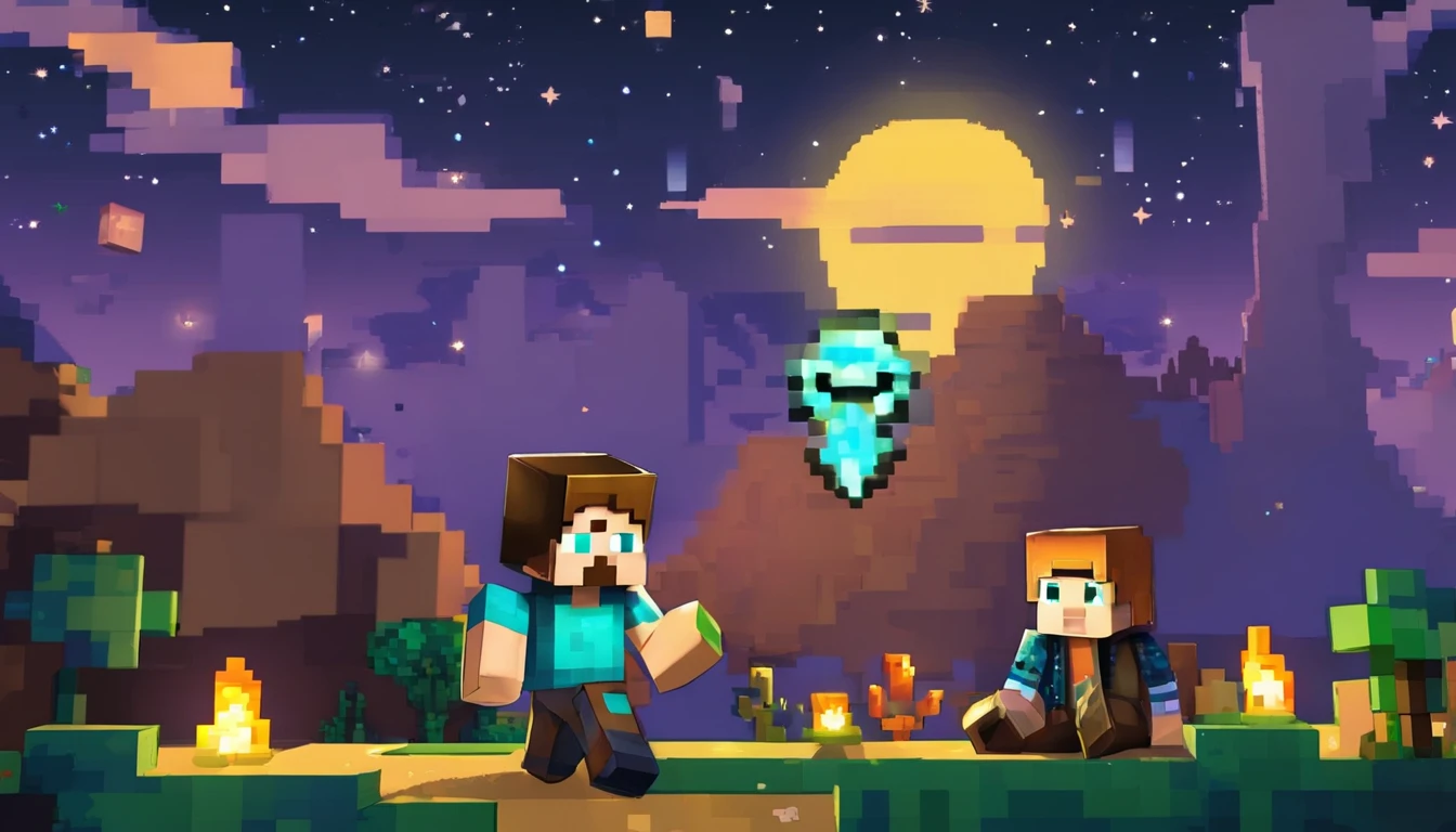 Steve, - Minecraft's intrepid adventurer, enfrenta uma caveira sinistra no pico de uma montanha. He is equipped with his shiny diamond armor, Holding your enchanted sword with magical powers. A caveira, com olhos flamejantes, attempts to conjure dark spells to defeat Steve. The scene unfolds under a starry night sky, iluminado apenas pela luz suave da lua crescente