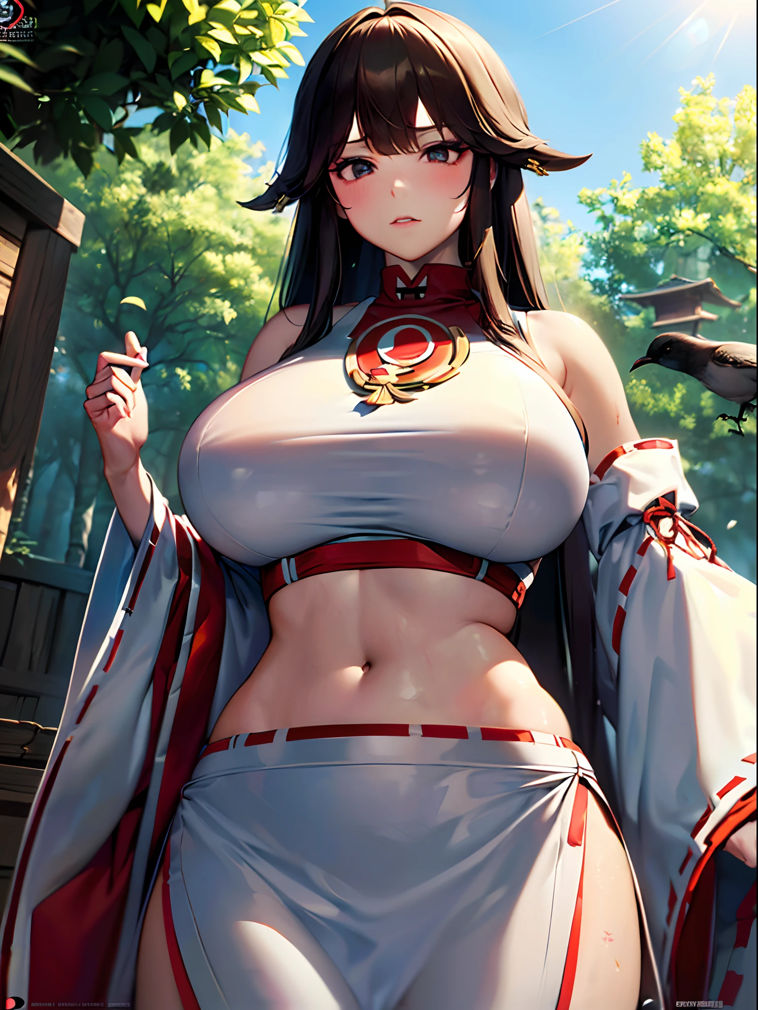 (8K, Best quality, tmasterpiece:1.2),\(eye detailed\),\(Facial features\),(\(Clothes detail details\)\),(huge tit),full bodyesbian,(Facial focus) ,Very detailed CG unity 8K wallpaper,hugefilesize,ultra - detailed,A high resolution,absurderes,beautidful eyes,Ray traching,dramatic shadow,finely detailled,Dramatic angles,Hyper-detailing,(1 girl:1.3),(Solo),Mature female, a matural female,thick thight,busty figure,long whitr hair,(/Long straight hair:1.3/),brunette color hair,Black eyes,(miko:1.3)+(Crop tops:1.3),Fleshy belly,Long chest,Break!。In the daytime,An abandoned shrine in the forest,Several trees,(The roots of the tree are staggered，There are quite a few mushrooms growing：1.3),(Broken wooden walls,Bird's nest on the eaves：1.3),(The canopy shades the sun,Only a small amount of light shines on the earth piecemeal through the gaps between the leaves：1.3)。​master piece,8K wallpaper,Go to remove the watermark