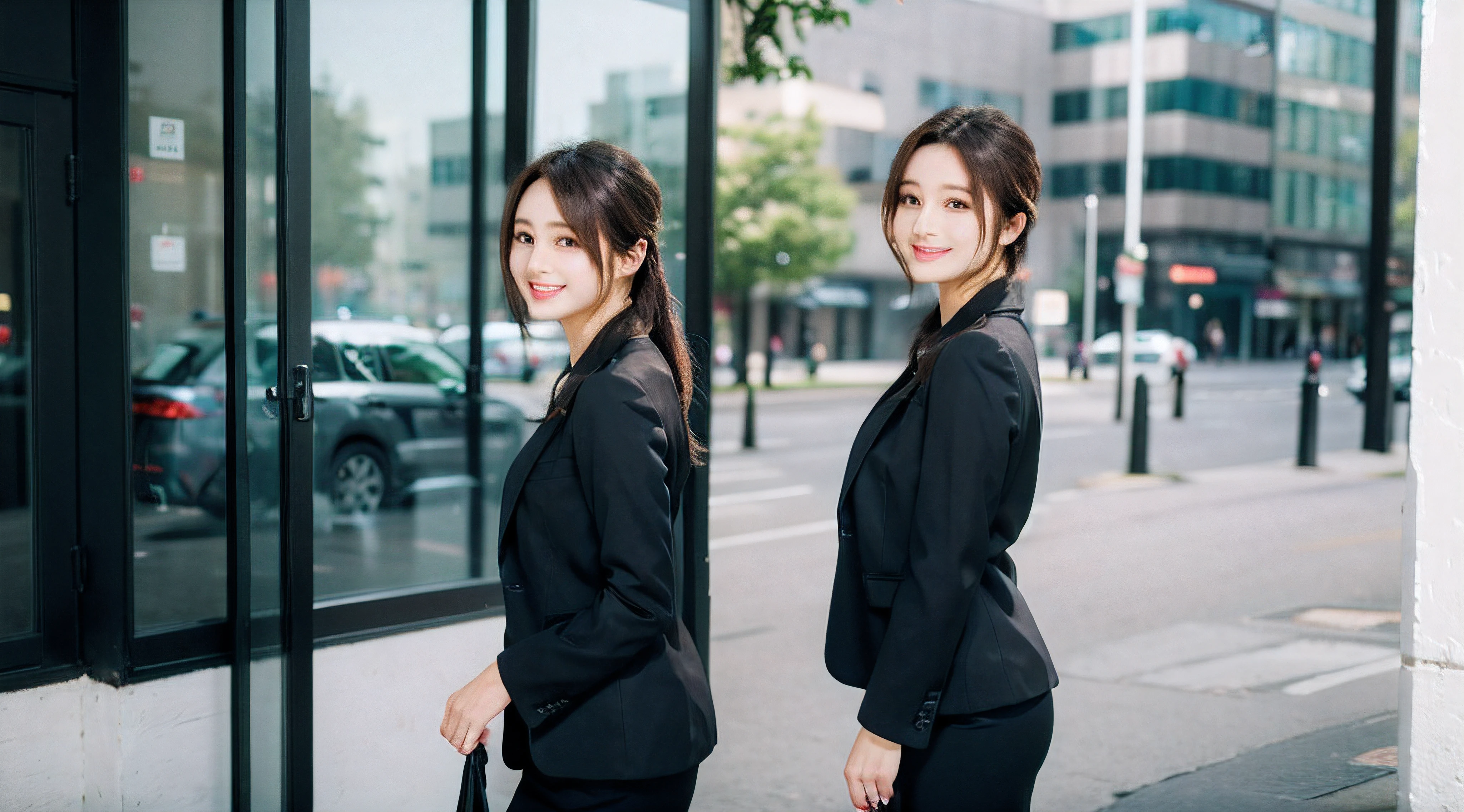 Wagas、Shooting from the side、Walking、Beautiful woman、business sui、Black jacket、White button shirt、tight skirts、a picture、A detailed face、Detailed lips、A detailed eye、a smile