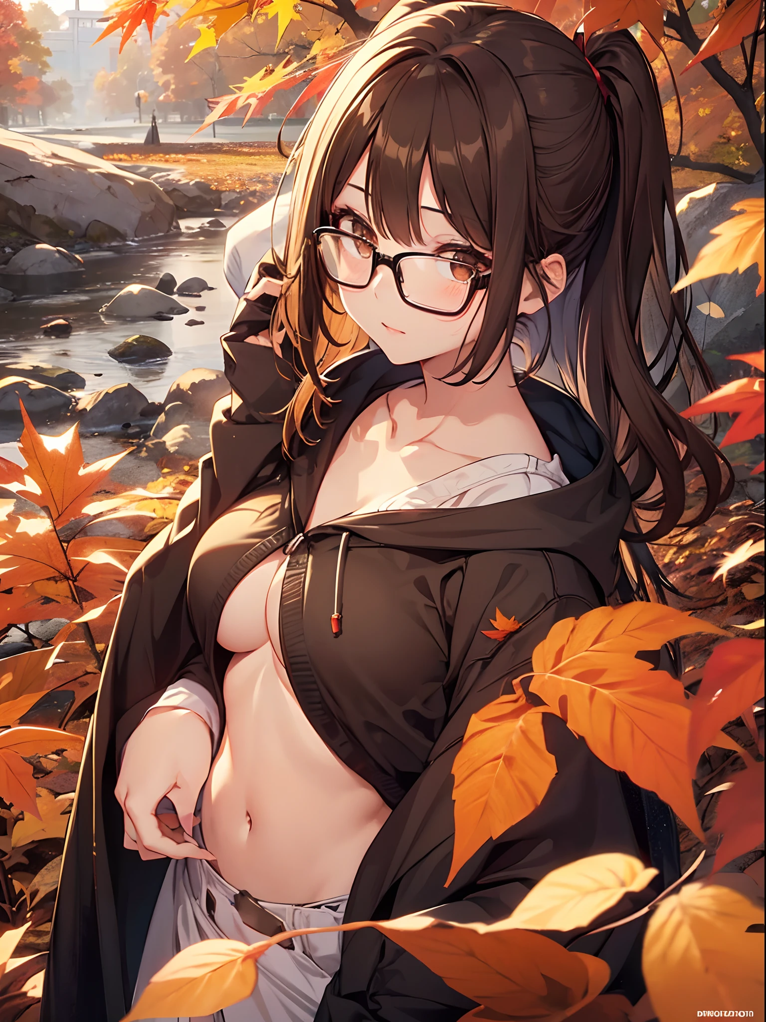 1人の女性、brown haired(Curta)、Brown eyes、Black-rimmed glasses、Best Quality、ultra-detailliert、8K resolution、Raw photo、masutepiece、seductive boobs、gorgeous faces、Perfect body、Autumn landscape、Autumn foliage picking