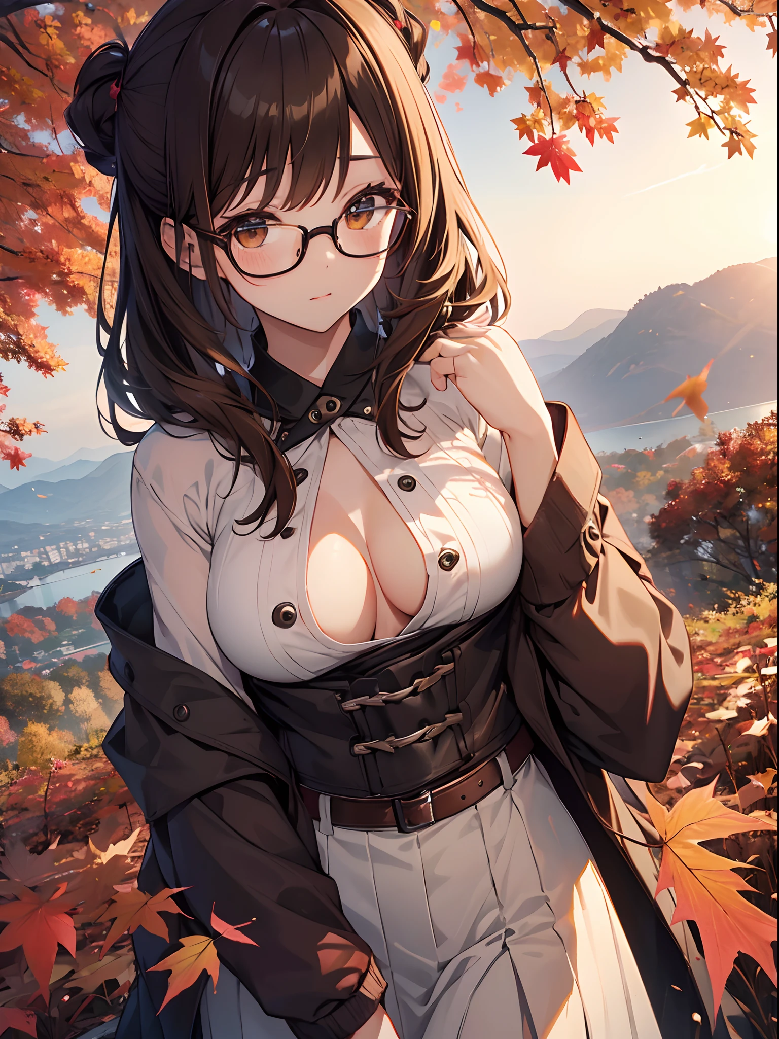 1人の女性、brown haired(Curta)、Brown eyes、Black-rimmed glasses、Best Quality、ultra-detailliert、8K resolution、Raw photo、masutepiece、seductive boobs、gorgeous faces、Perfect body、Autumn landscape、Autumn foliage picking