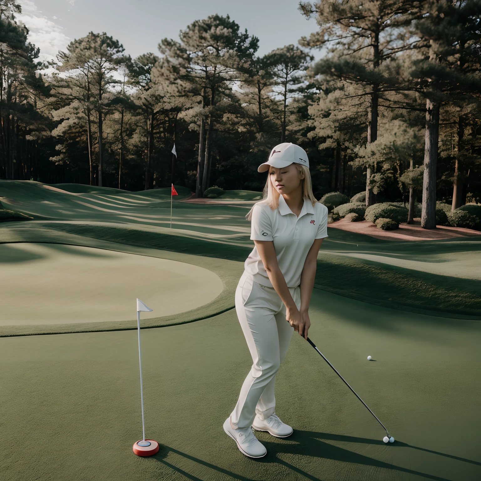 RAW photo, a 25-year-old Japanese woman with medium sized breasts in golf clothes , playing mini golf ,white skin, long silky blonde hair with blonde bangs, 8k uhd, dslr, soft lighting, high quality, film grain, Fujifilm XT3