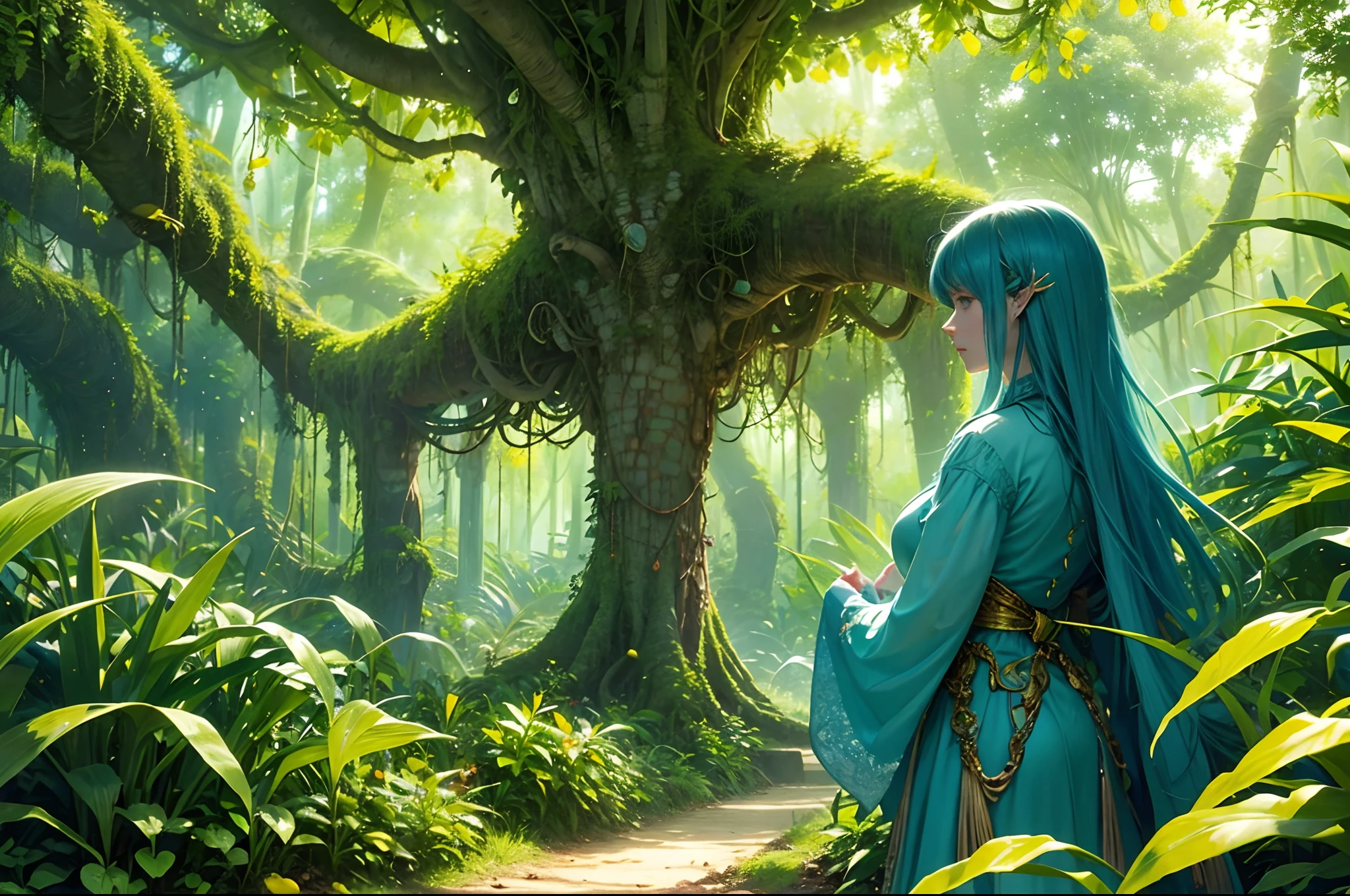 Magic jungle full of ((magical corn creatures)) running between the dense trees, or columping in vines, happy palette of colours, dreamy, intrincate, highly detailed. Light filtering through the trees.