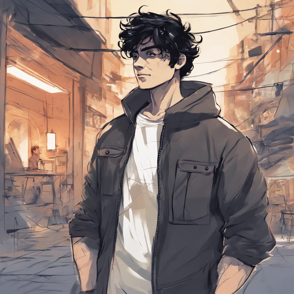 An almost adult man normal body who likes to draw medium black hair with street style lights Surfwear street