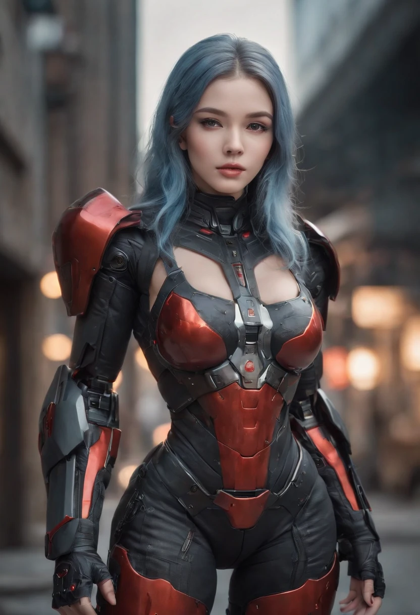 fully body photo,Wearing a mecha combat suit,Bright red reflective color scheme,Possession of firearms and weapons,Latex texture,Boots on his feet,Shiny hair,Full breasts,Muscles full of strength,Slender thighs,Full body portrait photo,Realistic graphics,Exquisite facial features,Full buttocks, (RAW photo, Highest quality, Full body photo,Masterpiece: 1.2), (Realistic, Photorealistic: 1.4), (Masterpiece: 1.4), (Highest quality: 1.4), (Super detailed), ((High contrast)), (High saturation), (Beautiful detail eyes), ((Very delicate and beautiful)), (Lovely hands, Perfect hands), ((five precise fingers, feminine beautiful fingers)), (The background is a mechanical network city without people), One girl,Attractive pose,perfect thighs,cyberpunk backgrouns,blue hairs
