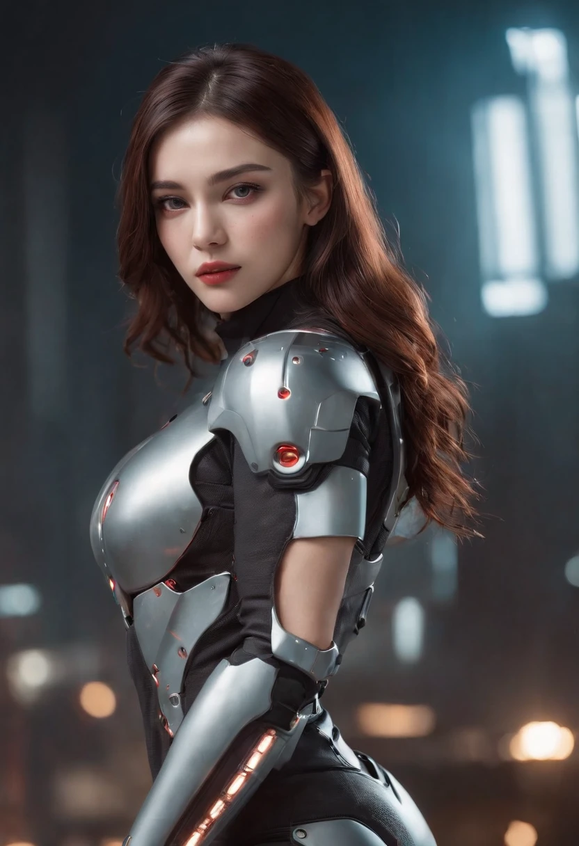 fully body photo,Wearing a mecha combat suit,Bright red reflective color scheme,Possession of firearms and weapons,Latex texture,Boots on his feet,Shiny hair,Full breasts,Muscles full of strength,Slender thighs,Full body portrait photo,Realistic graphics,Exquisite facial features,Full buttocks, (RAW photo, Highest quality, Full body photo,Masterpiece: 1.2), (Realistic, Photorealistic: 1.4), (Masterpiece: 1.4), (Highest quality: 1.4), (Super detailed), ((High contrast)), (High saturation), (Beautiful detail eyes), ((Very delicate and beautiful)), (Lovely hands, Perfect hands), ((five precise fingers, feminine beautiful fingers)), (The background is a mechanical network city without people), One girl,Attractive pose,perfect thighs,cyberpunk backgrouns,blue hairs