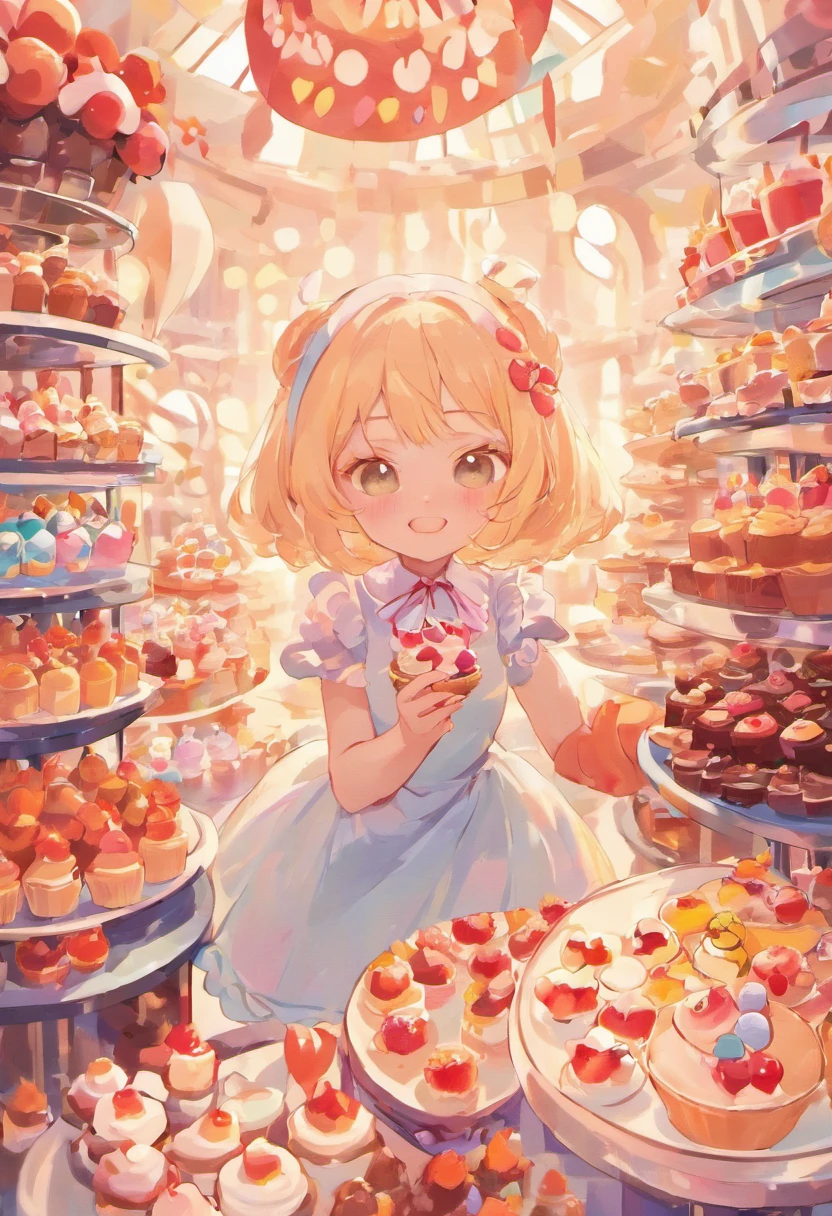 (A cute, Cartoon dessert characters,Has minimal human characteristics): Sweet and lively face, Round and shiny eyes, Cute little mouth, Soft and soft body, Extremely colorful,Vibrant appearance, adorable expression, The limbs are small and stout, Joy resonates with joy, Naughty and mischievous personality, A little clumsy,But full of charm, A touch of magic and wonder, Surrounded by desserts and sugary treats, A whimsical dessert wonderland, Fill with sweets, chocolate bar, and pastries, Sugar-coated fantasy world, Land where calories don't count, A delicious adventure in dessert paradise, Bright colors and a joyous atmosphere, Sweet aroma, With marshmallow clouds and lollipop trees as background, Cheerful and seductive presence, Dessert companion,Put a smile on everyone's face. (Best quality, High-res), A delightful blend of sweetness and cuteness, A masterpiece of confectionery art, Eye and heart care, Fascinating and coveted work, Light up the dessert companion for any day.