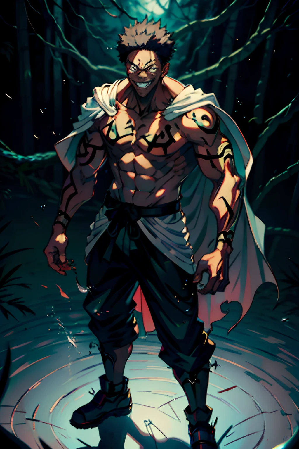 (masterpiece, best quality:1.2), full body shot, Black male focus, Black boy, Black muscular sukuna variation, Black hair, Black skin, very big menacing smile, white tactical sorcerer outfit with cape, tattoo_on_his_face, tattoo_ryoumen, hands in the pocket,standing in the forest