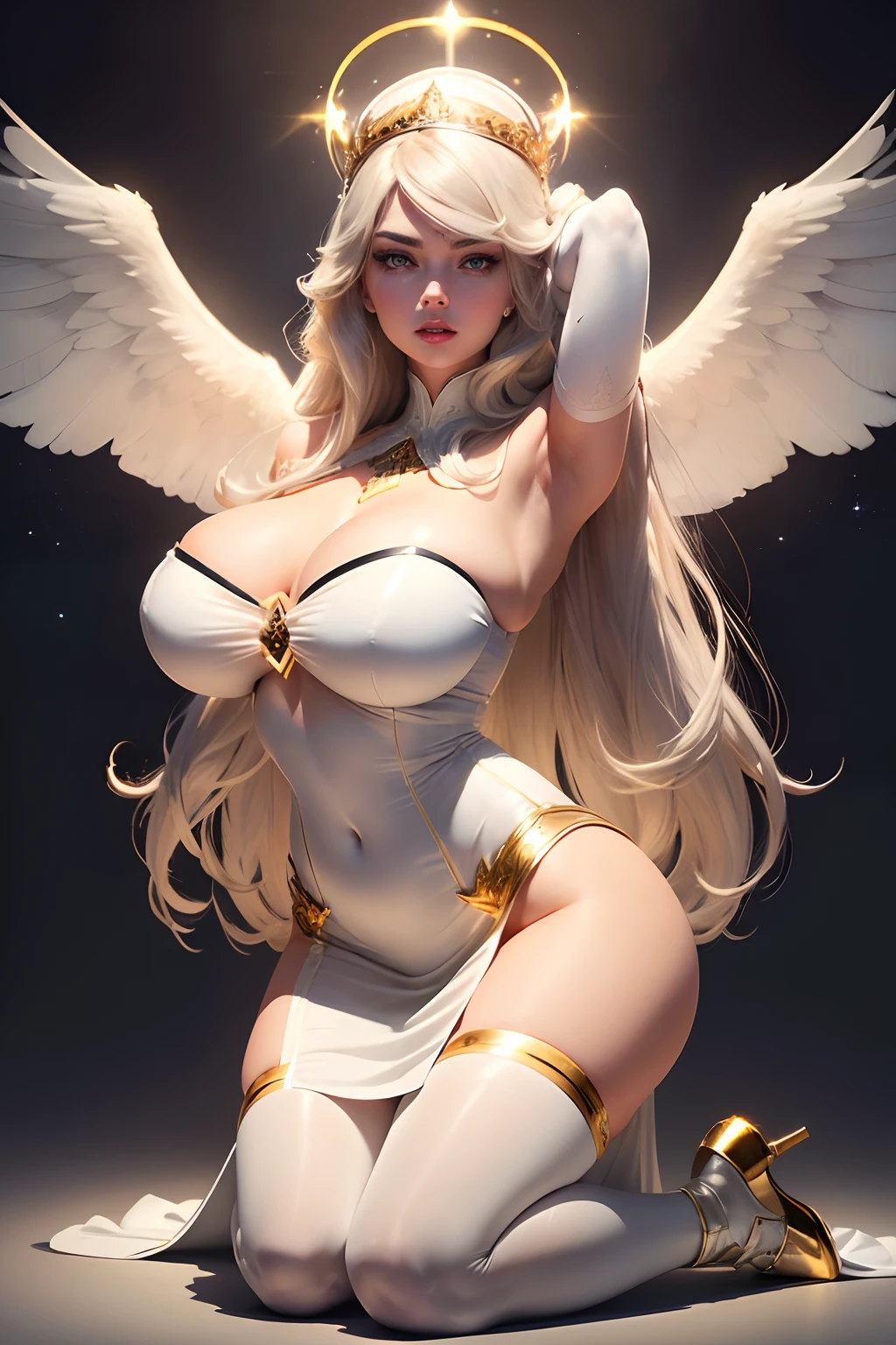 (praying kneel down)(Kate upton is a celestial angel) (bright glowing grey eyes), (eyeshadows make up) (red lips), (with innocent gaze) (very long hair)((very huge breasts)) (perfect slim body) (wearing a transparent white dress with gold ornaments, white gloves and white stockings, showing a tiny underwear under her skirt) (she have a halo of light over her head and big light white wings), (with a white background and reflectors of lights on her), (high definition, amazing lights and shadows)((masterpiece))(8k)(perfect face) (perfect hands)