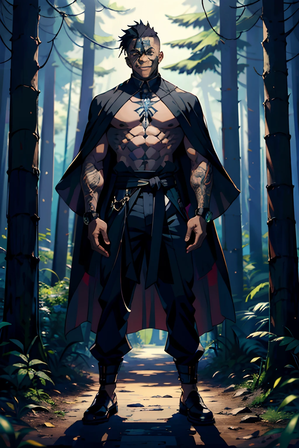 (masterpiece, best quality:1.2), full body shot, Black male focus, Black boy, Black muscular sukuna variation, Black hair, Black skin, very big menacing smile, white tactical sorcerer outfit with cape, tattoo_on_his_face, tattoo_ryoumen, hands in the pocket,standing in the forest