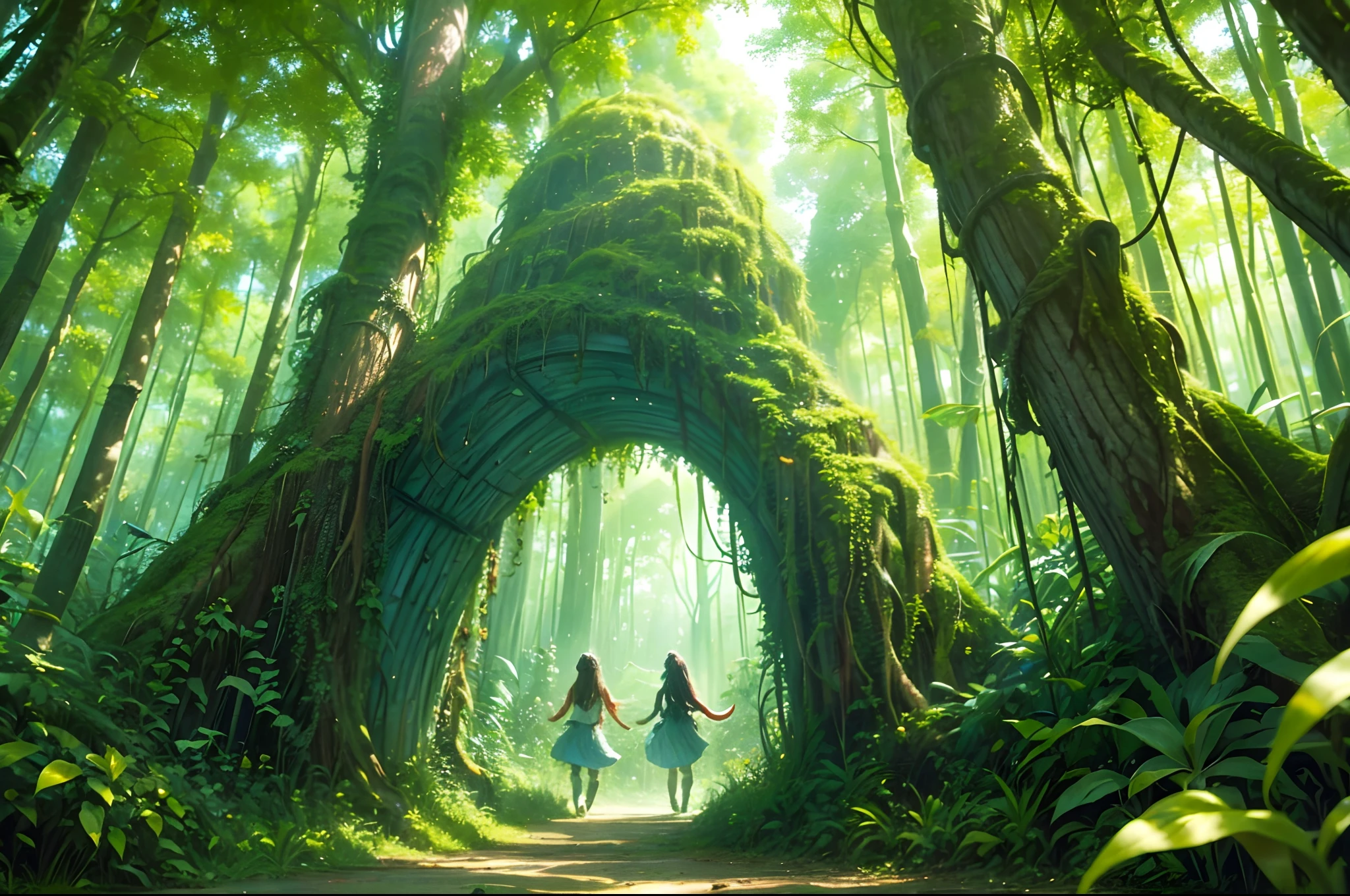 Magic jungle full of ((magical corn creatures)) running between the dense trees, or columping in vines, happy palette of colours, dreamy, intrincate, highly detailed. Light filtering through the trees.