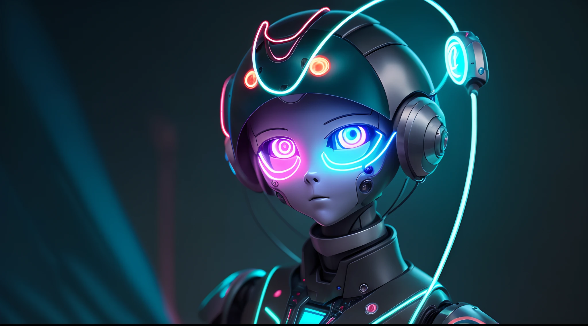 humanoid robot with neon blue eyes, with a wire coming out of it --auto --s2