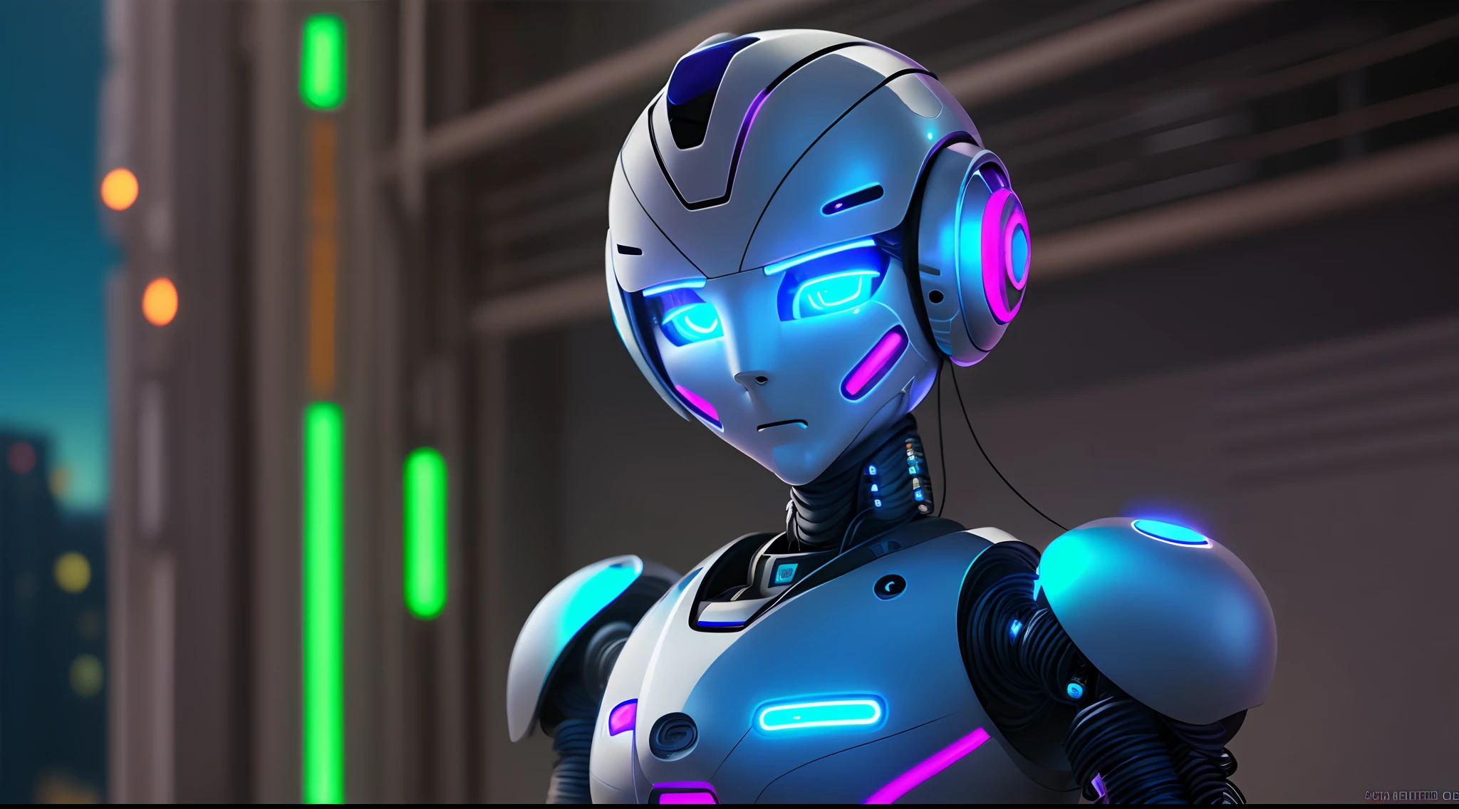 humanoid robot with neon blue eyes, with a wire coming out of it --auto --s2