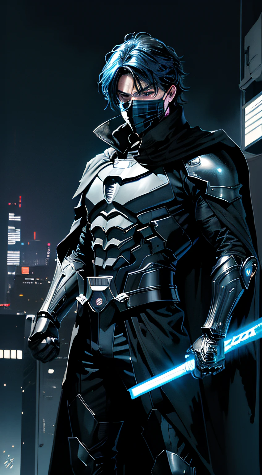 comic book cover ( By Jim Lee) titled  'THUNDERMAN' a superhero in a long black cape and black suit, metal armor with neon blue lights, covering  the arms , chest and legs over the black suit,  holding a light saber, anime hair style over his forehead, Black blind folded mask , no covered head,  in a big city...jumping in the air