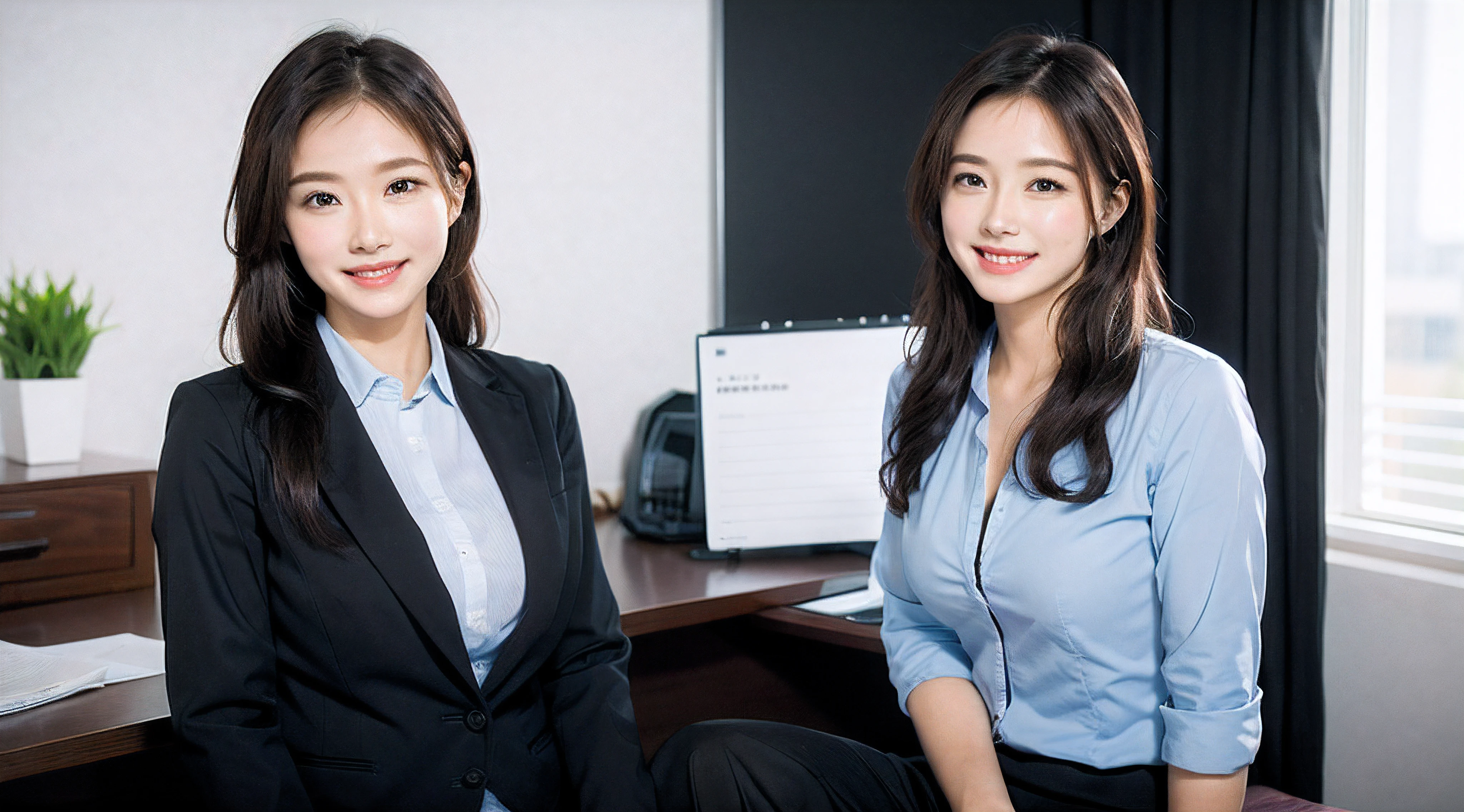 s Office、inside in room、Sitting at your desk、Beautiful woman、business sui、jaket、Button shirt、tight skirts、a picture、A detailed face、Detailed lips、A detailed eye、a smile