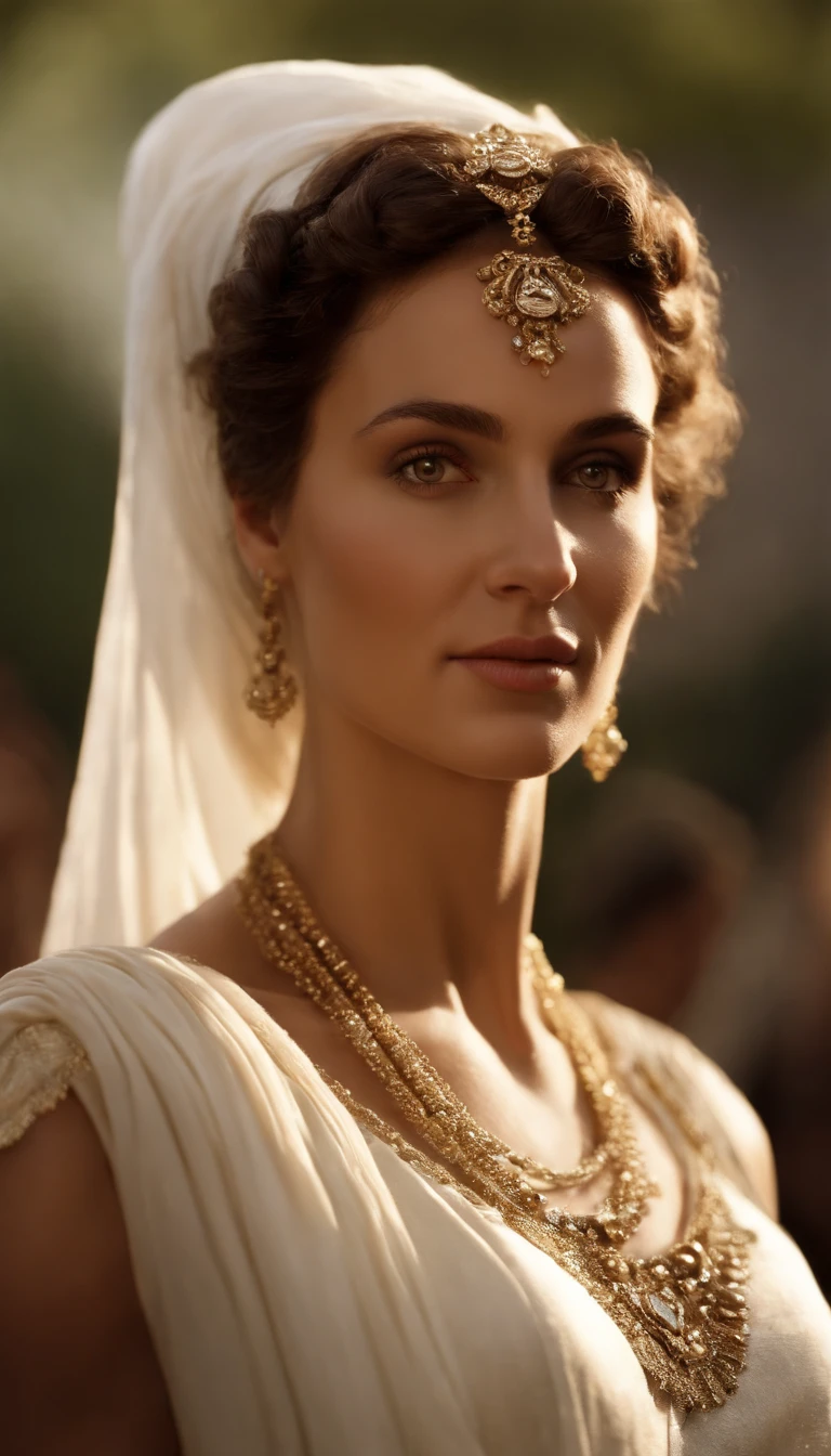 Numerous award-winning masterpieces, with incredible details, Maximum textures and details), (hyper realistic:1.4), (Realstic:1.3), (Haut du corps vers le haut:0.4), (best quality real texture skin), ((Monde de la mythologie grecque)), finely detailed eyes, finely detailed face, visage en face, yeux doux, (Elle a un sourire gentil sur son visage:1.4), Friendly and feminine face, avec un nez fin, a Roman Empress, avec une coiffure Romaine en an 65. brown and curly hair, en chignon. Long dress outfit draped in white. pas de boucle d'oreille et une couronne de laurier, impéatrice. visage en face. 1) Creating vibrant energy, Coucher de soleil tardif projetant une lueur chaude, a festive atmosphere embracing the Roman era, Meticulous attention to detail capturing the essence of elegance. Visage en face.