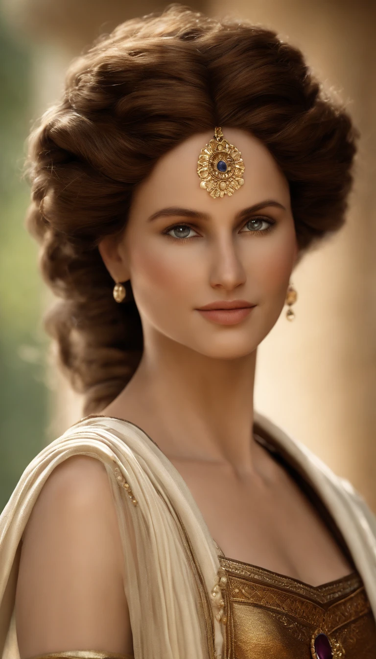 Numerous award-winning masterpieces, with incredible details, Maximum textures and details), (hyper realistic:1.4), (Realstic:1.3), (Haut du corps vers le haut:0.4), (best quality real texture skin), ((Monde de la mythologie grecque)), finely detailed eyes, finely detailed face, visage en face, yeux doux, (Elle a un sourire gentil sur son visage:1.4), Friendly and feminine face, avec un nez fin, a Roman Empress, avec une coiffure Romaine en an 65. brown and curly hair, en chignon. Long dress outfit draped in white. pas de boucle d'oreille et une couronne de laurier, impéatrice. visage en face. 1) Creating vibrant energy, Coucher de soleil tardif projetant une lueur chaude, a festive atmosphere embracing the Roman era, Meticulous attention to detail capturing the essence of elegance. Visage en face.