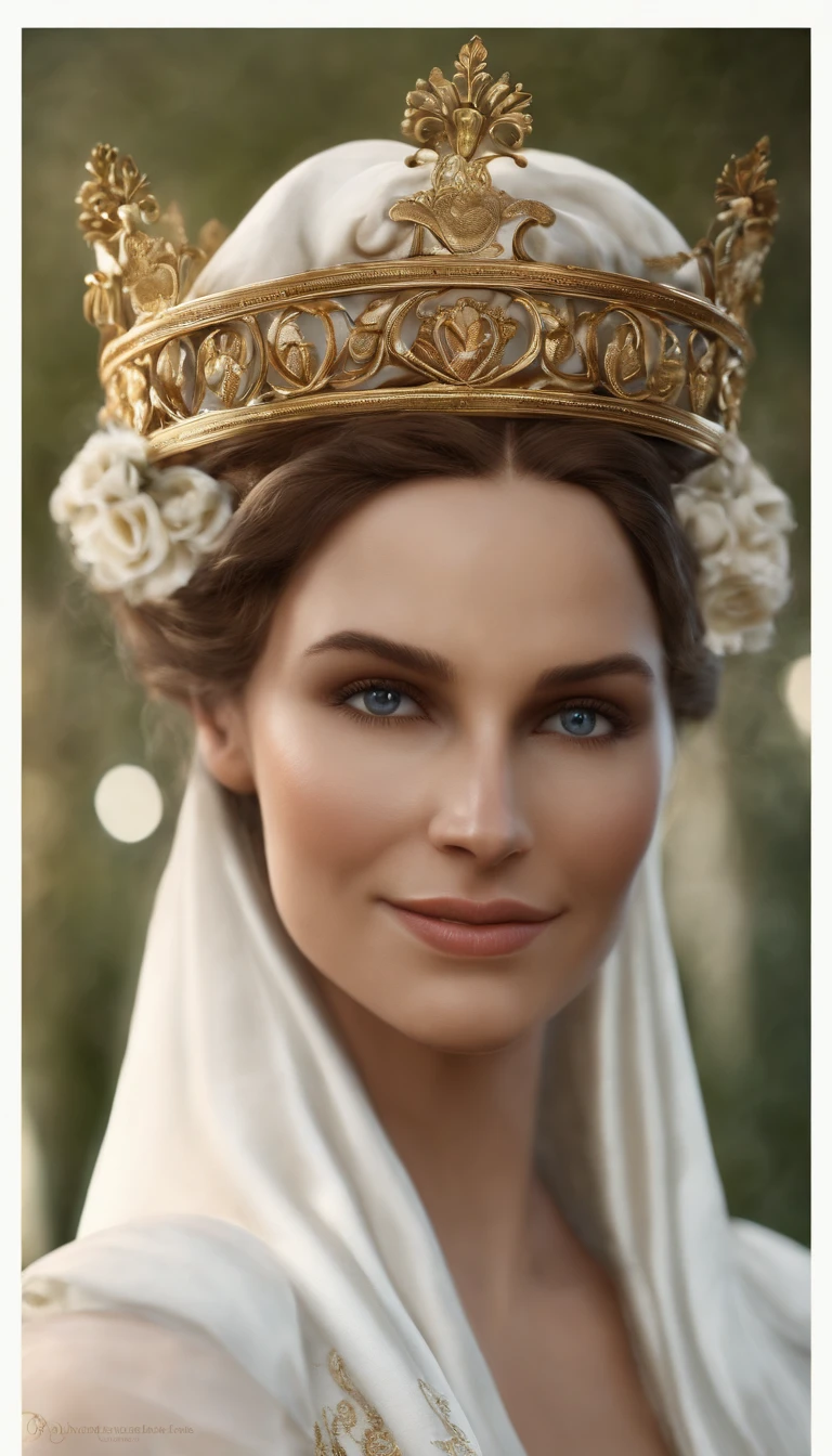 Numerous award-winning masterpieces, with incredible details, Maximum textures and details), (hyper realistic:1.4), (Realstic:1.3), (Haut du corps vers le haut:0.4), (best quality real texture skin), ((Monde de la mythologie grecque)), finely detailed eyes, finely detailed face, visage en face, yeux doux, (Elle a un sourire gentil sur son visage:1.4), Friendly and feminine face, avec un nez fin, a Roman Empress, avec une coiffure Romaine en an 65. brown and curly hair, en chignon. Long dress outfit draped in white. pas de boucle d'oreille et une couronne de laurier, impéatrice. visage en face. 1) Creating vibrant energy, Coucher de soleil tardif projetant une lueur chaude, a festive atmosphere embracing the Roman era, Meticulous attention to detail capturing the essence of elegance. Visage en face.