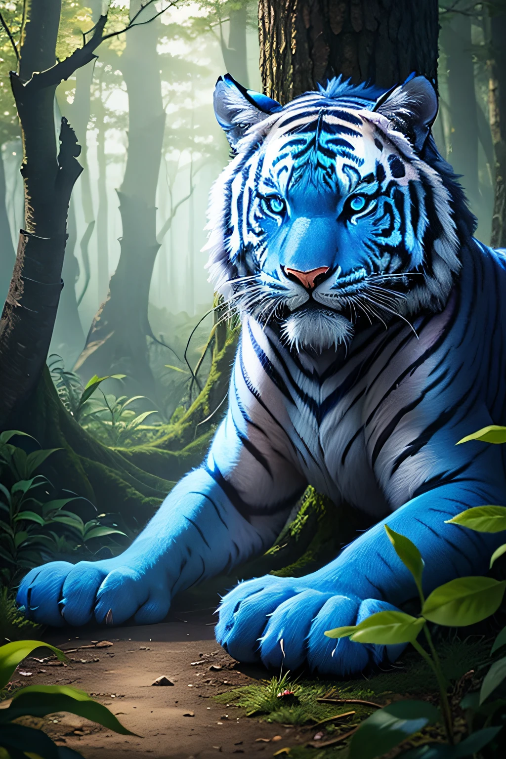 Blue magic tiger in an enchanted forest