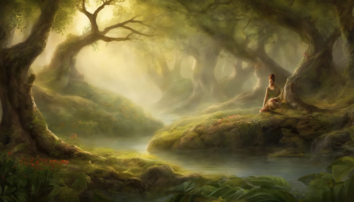 (Best quality,4K,8k,high resolucion,Masterpiece:1.2),Ultra-detailed,(Realstic,photoreallistic,photo-realistic:1.37),woods,Captivating female creature Dryad,Enchanted Ethereal Landscape,lush vegetation,majestueux arbres centenaires,Magical sunlight passing through the branches,mousse douce et rougeoyante couvrant le sol,pale transparent wings,delicate flowers blooming around her,Fascinating eyes that emit a soft glow,Expression sereine,pose gracieuse,Artistic interpretation,Palette de couleurs subtile,Mystical atmosphere,Playful and whimsical elements,Bewitching presence,Harmonious blend of the dryad with its environment,Sensation de fantaisie immersive,Natural and realistic lighting