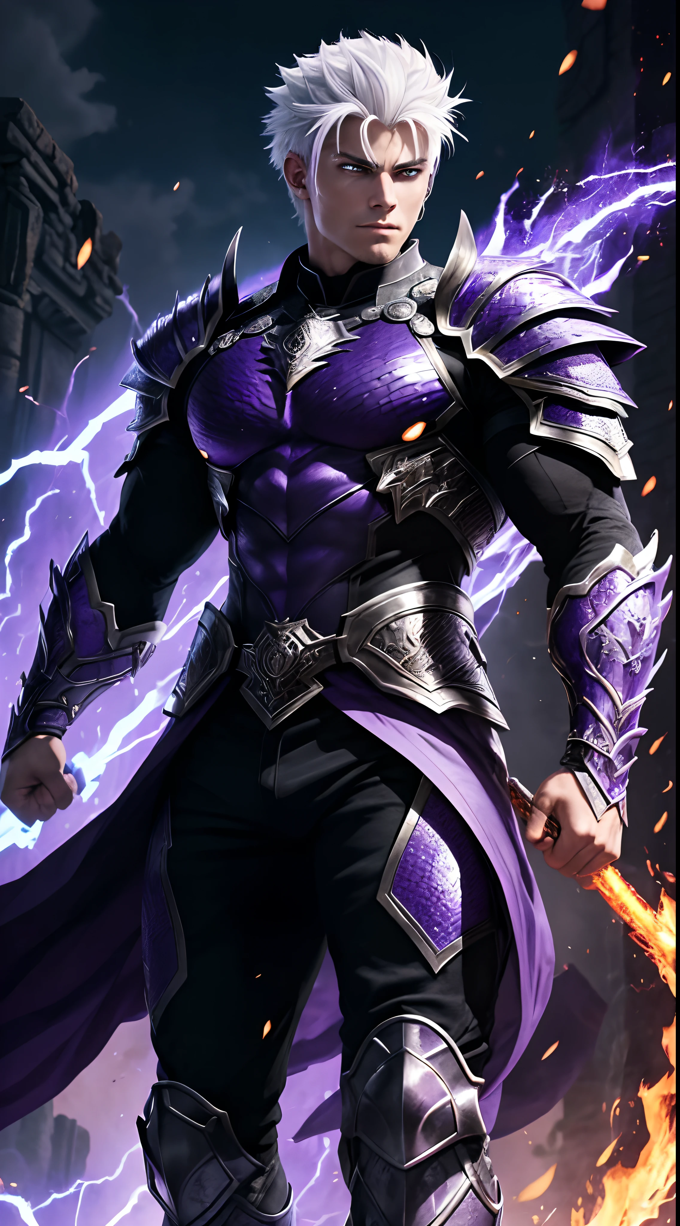 "A vision of strength and power, the young warrior with white hair commands attention with his handsome face and piercing, fiery eyes. His full body armor, inspired by dragon scales, shimmers with the intensity of hell fire and crackles with purple black lightning, a true embodiment of his fierce spirit."
