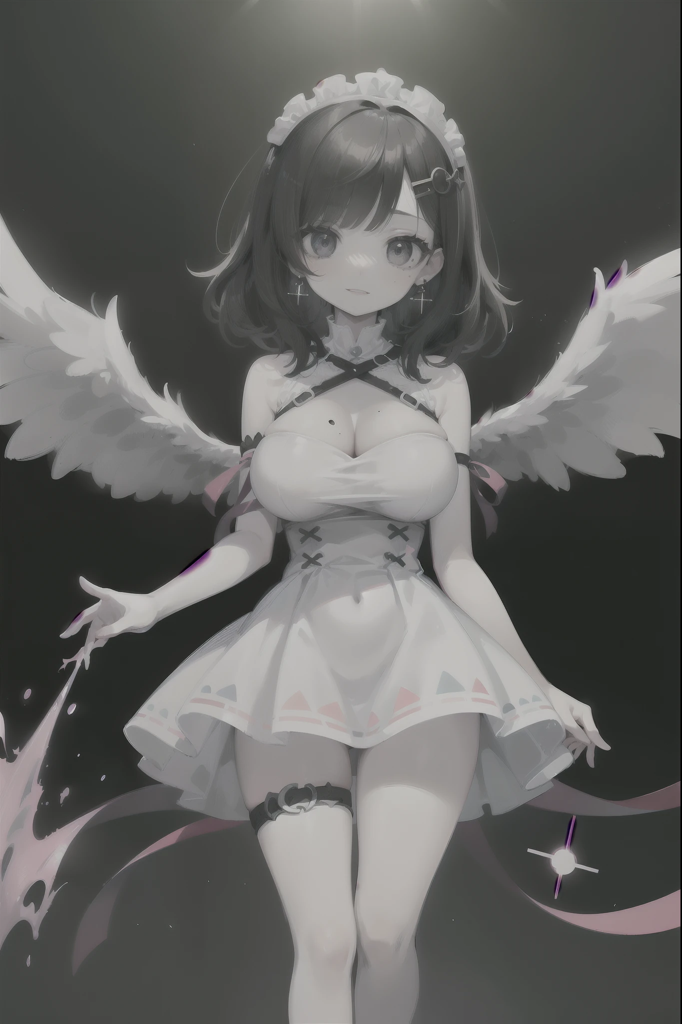 (best quality, masterpiece:1.2), (best illustration), (extremely detailed illustration), (looking at viewer:1.4), (full_body), (1girl, , cute:1.2), (black eyes), (tareme, v-shaped eyes), short eyebrows, wide eyes, bangs, (black hair), lips, medium hair, straight hair, messy hair, mole, broad nose, puffy cheeks, smile, earring, hair ornament, (large breasts:1.2), (white_clothing_theme:1.2), LED_Embedded_Holographic_Bodysuit_Dress, Futuristic_Fashion, Liquid_Metal_Aesthetic, Mesmerizing_Light_Reflection, (ribbon_thigh_strap), Geometric_Statement_Earrings, (Cross_Accessories:0.8), occult_angelic_lace_ribbon_headpiece, jang won young, angel_wings,