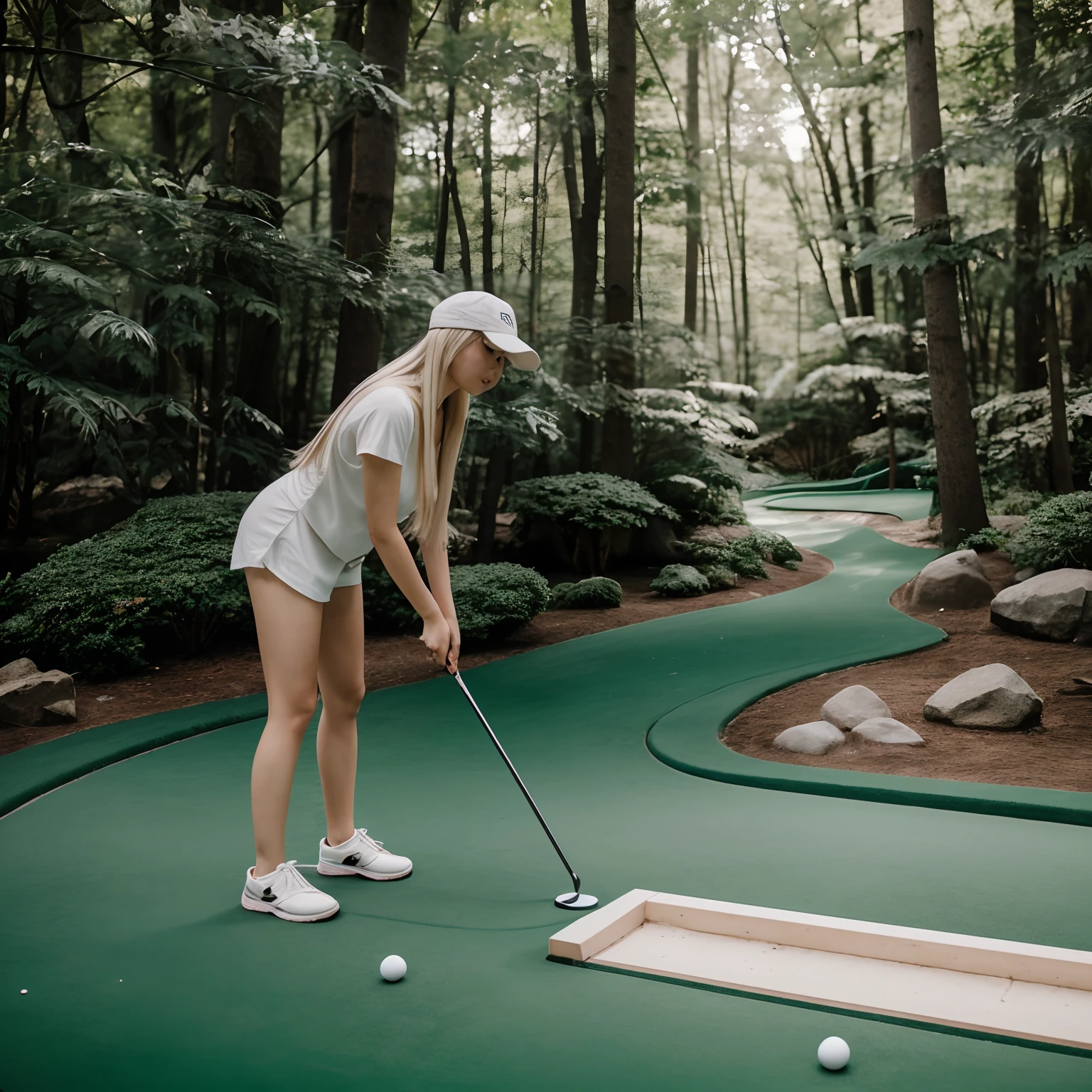RAW photo, a 25-year-old Japanese woman with medium sized breasts, playing mini golf ,white skin, long silky blonde hair with blonde bangs, 8k uhd, dslr, soft lighting, high quality, film grain, Fujifilm XT3