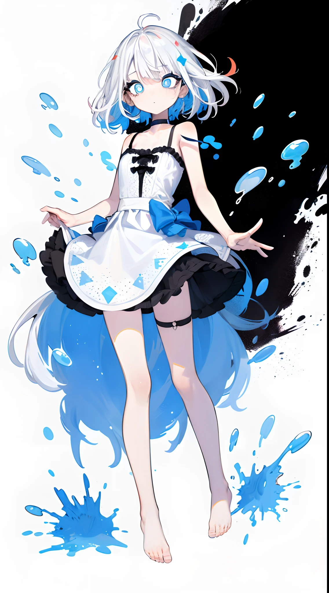 (Masterpiece, Best Quality: 1.2), (Super Detailed), (Illustration), Super High Resolution, Super Delicate Face, Delicate Eyes, Blue Pupils, Finger Details, Wallpaper, Original, 1girl, Messy White Hair, Thin Shoulder Straps, White Skirt, Bare Legs, Barefoot, Bare Arms, Full Body, (Surrounded by Colorful Splashes and Dots), Colored Bubbles, (Shiny), Simple Background