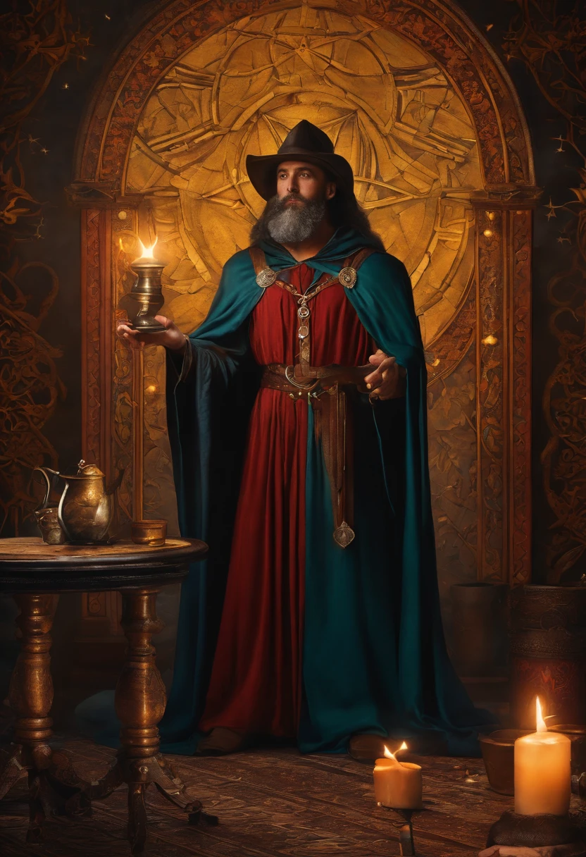 tarot card, the magician, man, standing, robes, (holding candle up), table with items, star, pentacle, cup, sword, wand