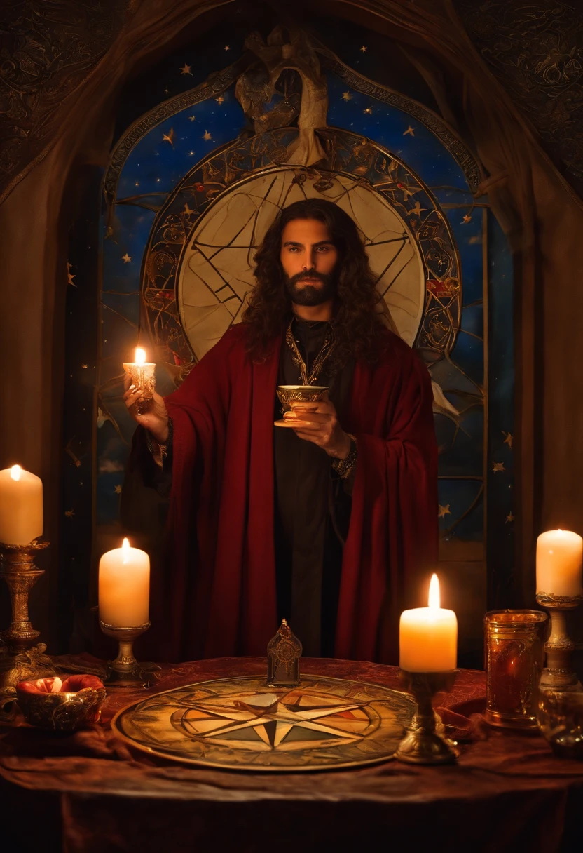 tarot card, the magician, man, standing, robes, (holding candle up), table with items, star, pentacle, cup, sword, wand